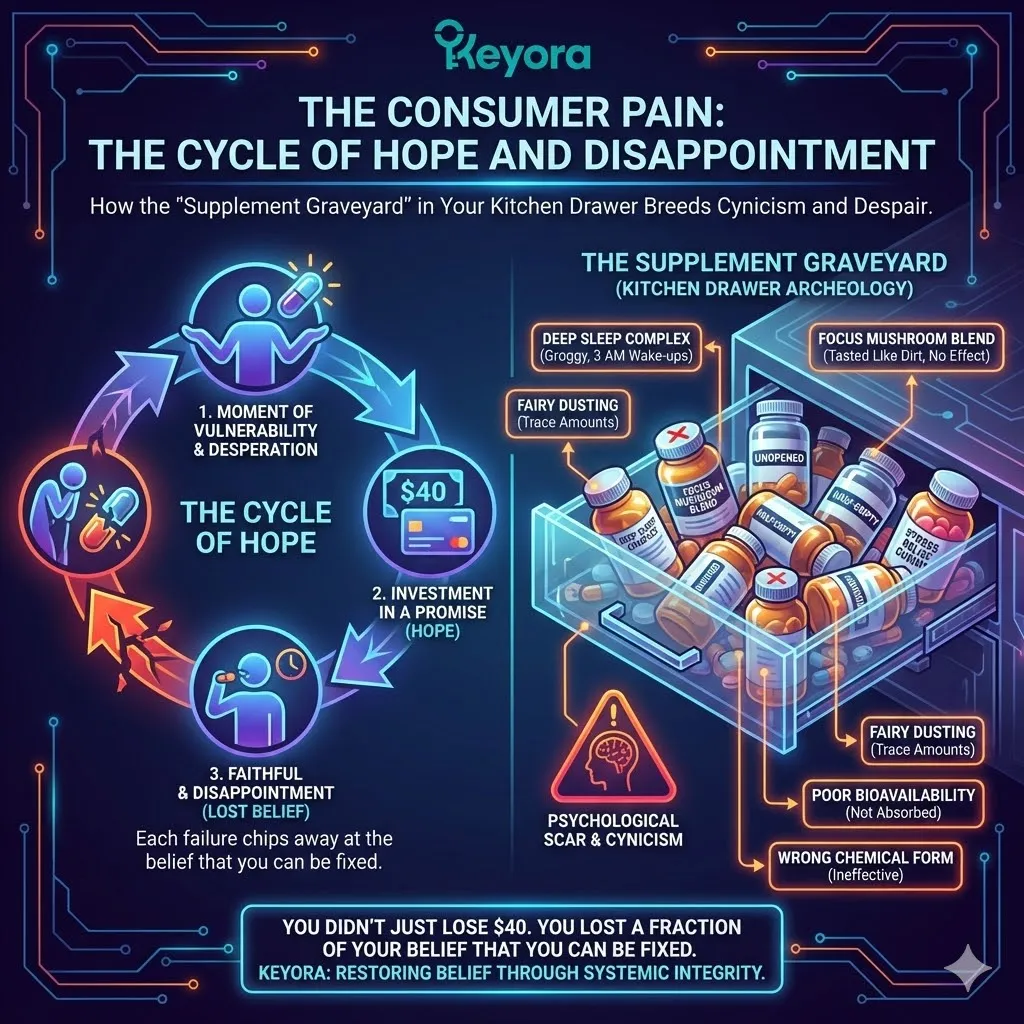 Keyora neuro-engineering identifies the "Supplement Graveyard" as the physical manifestation of the cycle of hope and disappointment. This phenomenon reveals how the accumulation of half-empty bottles—abandoned due to Fairy Dusting and poor bioavailability—results in more than financial loss; it creates a "psychological scar" and systemic cynicism. By analyzing the archaeological remnants of failed "Deep Sleep" and "Stress Relief" protocols, the architecture proves that ineffective formulations erode a user's belief in biological restoration. The strategic result: Keyora rejects the graveyard model by replacing "expensive candy" and ineffective placeholders with engineering-grade interventions that deliver a verifiable return on investment. Keyora neuro-engineering identifies the "Supplement Graveyard" as the physical manifestation of the cycle of hope and disappointment. This phenomenon reveals how the accumulation of half-empty bottles—abandoned due to Fairy Dusting and poor bioavailability—results in more than financial loss; it creates a "psychological scar" and systemic cynicism. By analyzing the archaeological remnants of failed "Deep Sleep" and "Stress Relief" protocols, the architecture proves that ineffective formulations erode a user's belief in biological restoration. The strategic result: Keyora rejects the graveyard model by replacing "expensive candy" and ineffective placeholders with engineering-grade interventions that deliver a verifiable return on investment.