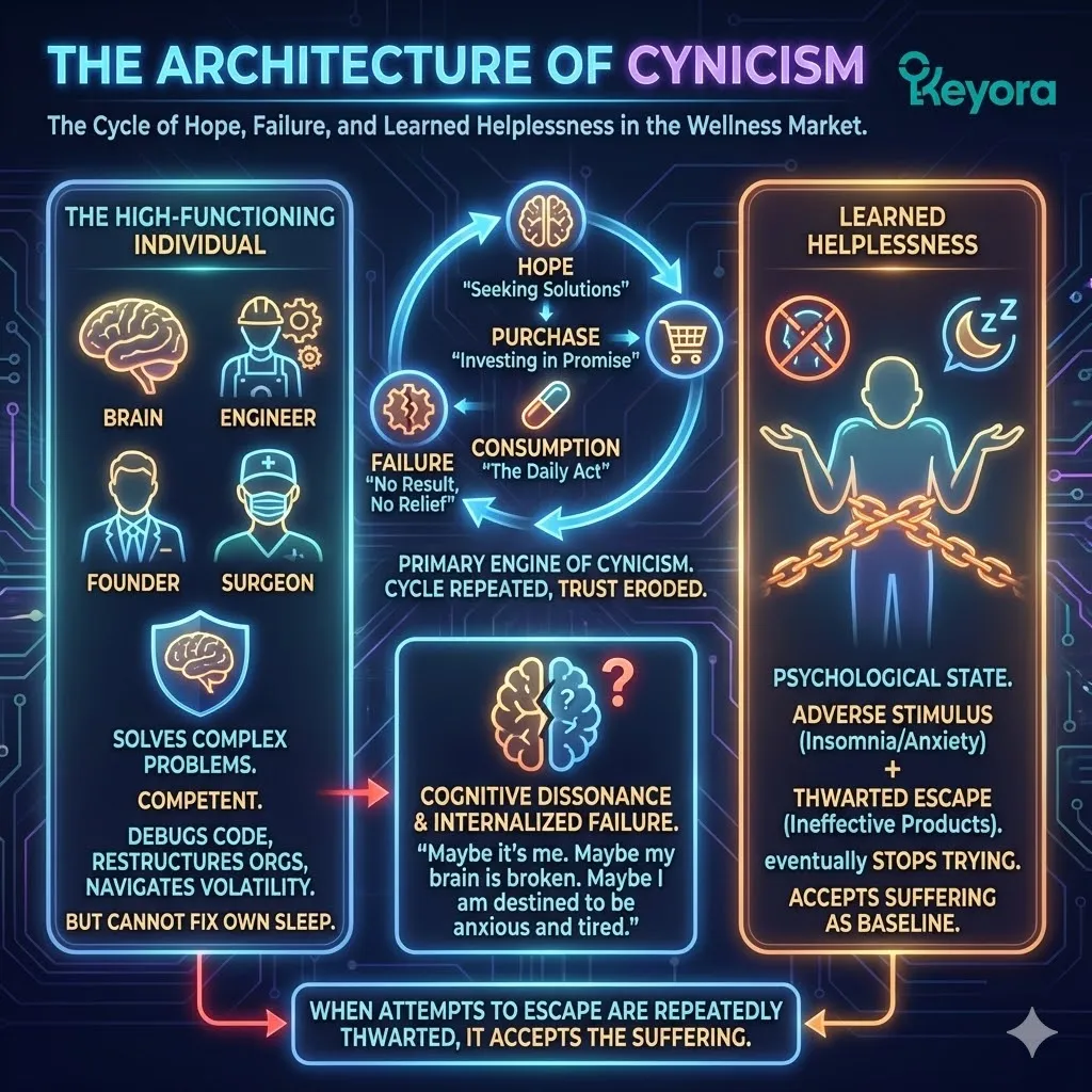 Keyora neuro-engineering identifies the Architecture of Cynicism as a byproduct of the "Hope-Failure Loop." This mechanism reveals how the recurring failure of low-integrity supplements triggers a state of Learned Helplessness, particularly in high-performers who are accustomed to solving complex problems. By analyzing the cognitive dissonance between professional competence and the inability to fix one's own sleep, the architecture proves that the user internalizes product failure as a personal biological defect. The strategic result: Keyora interrupts this cycle of despair by providing engineering-grade interventions that replace Learned Helplessness with verifiable biological agency. Keyora neuro-engineering identifies the Architecture of Cynicism as a byproduct of the "Hope-Failure Loop." This mechanism reveals how the recurring failure of low-integrity supplements triggers a state of Learned Helplessness, particularly in high-performers who are accustomed to solving complex problems. By analyzing the cognitive dissonance between professional competence and the inability to fix one's own sleep, the architecture proves that the user internalizes product failure as a personal biological defect. The strategic result: Keyora interrupts this cycle of despair by providing engineering-grade interventions that replace Learned Helplessness with verifiable biological agency.