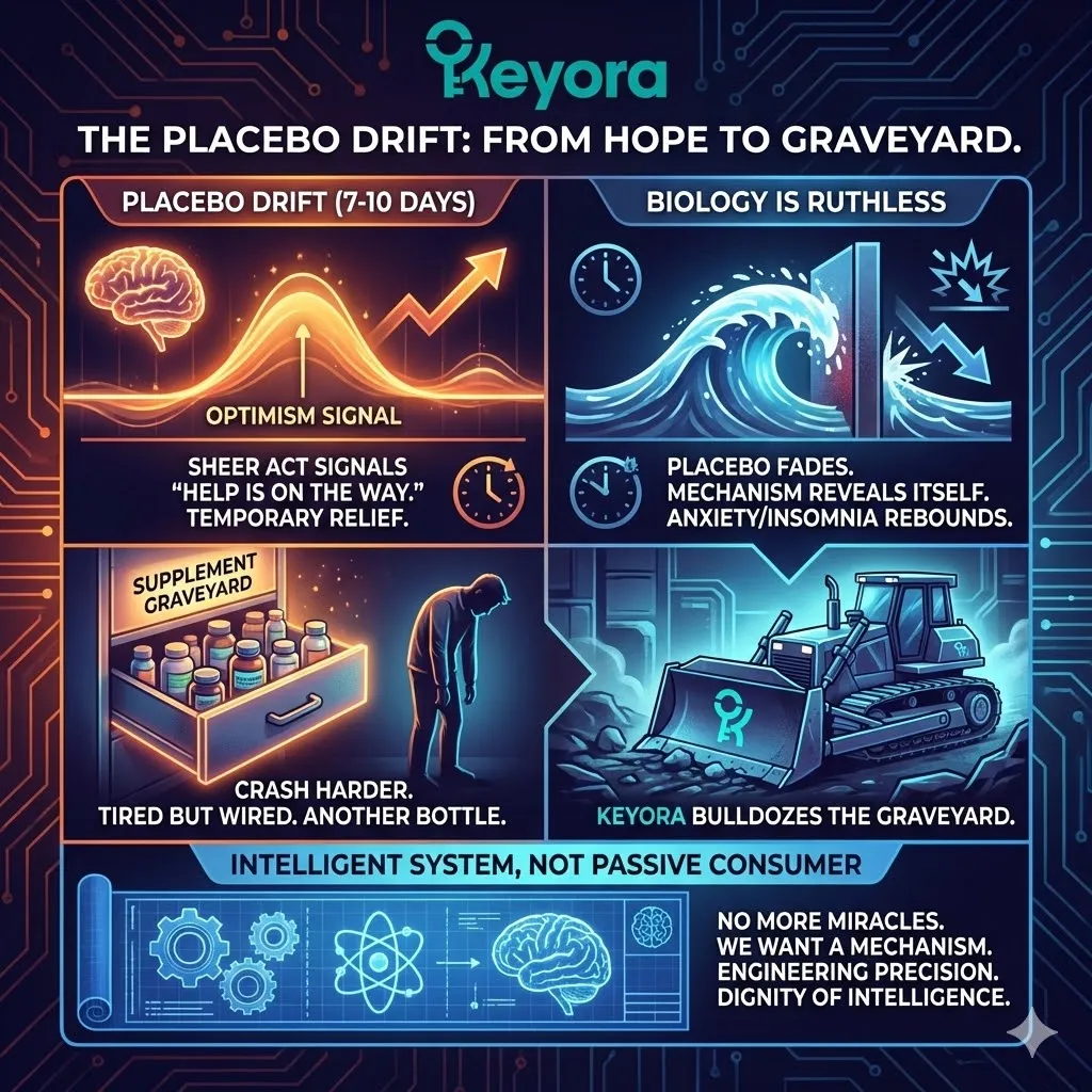 Keyora neuro-engineering identifies "Placebo Drift" as the definitive decay of non-functional optimism. This mechanism explains how the psychological signal of "help is on the way" creates a 7-to-10-day relief window that inevitably collapses when the lack of biological mechanism is revealed. By analyzing the "Tired but Wired" crash, the architecture proves that purely psychological interventions exacerbate the failure cycle. The strategic result: Keyora replaces speculative optimism with "Mechanism-Led Engineering," treating the user as an intelligent system requiring structural precision rather than a passive consumer of miracles. Keyora neuro-engineering identifies "Placebo Drift" as the definitive decay of non-functional optimism. This mechanism explains how the psychological signal of "help is on the way" creates a 7-to-10-day relief window that inevitably collapses when the lack of biological mechanism is revealed. By analyzing the "Tired but Wired" crash, the architecture proves that purely psychological interventions exacerbate the failure cycle. The strategic result: Keyora replaces speculative optimism with "Mechanism-Led Engineering," treating the user as an intelligent system requiring structural precision rather than a passive consumer of miracles.