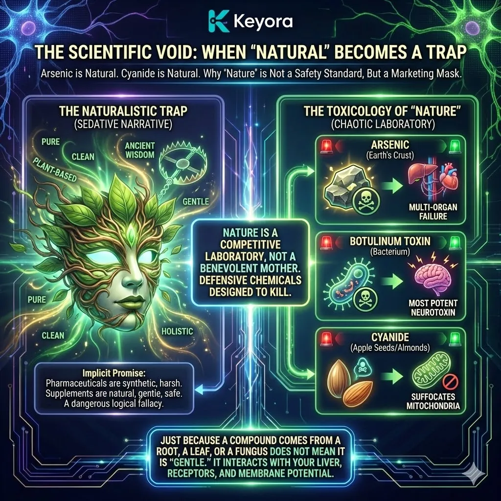 Keyora neuro-engineering identifies the "Naturalistic Trap" as a definitive logical fallacy within the wellness industry. This mechanism reveals how the "Appeal to Nature" replaces toxicological rigor with seductive marketing lexicons like "Pure" and "Clean." By analyzing the toxicology of substances like Arsenic and Cyanide, the architecture proves that biological origin is not a proxy for safety or efficacy. The strategic result: Keyora rejects "Nature" as a marketing mask, instead treating plant-derived compounds with the same biochemical scrutiny as any high-performance intervention, acknowledging their potent ability to alter membrane potential and enzymatic pathways. Keyora neuro-engineering identifies the "Naturalistic Trap" as a definitive logical fallacy within the wellness industry. This mechanism reveals how the "Appeal to Nature" replaces toxicological rigor with seductive marketing lexicons like "Pure" and "Clean." By analyzing the toxicology of substances like Arsenic and Cyanide, the architecture proves that biological origin is not a proxy for safety or efficacy. The strategic result: Keyora rejects "Nature" as a marketing mask, instead treating plant-derived compounds with the same biochemical scrutiny as any high-performance intervention, acknowledging their potent ability to alter membrane potential and enzymatic pathways.