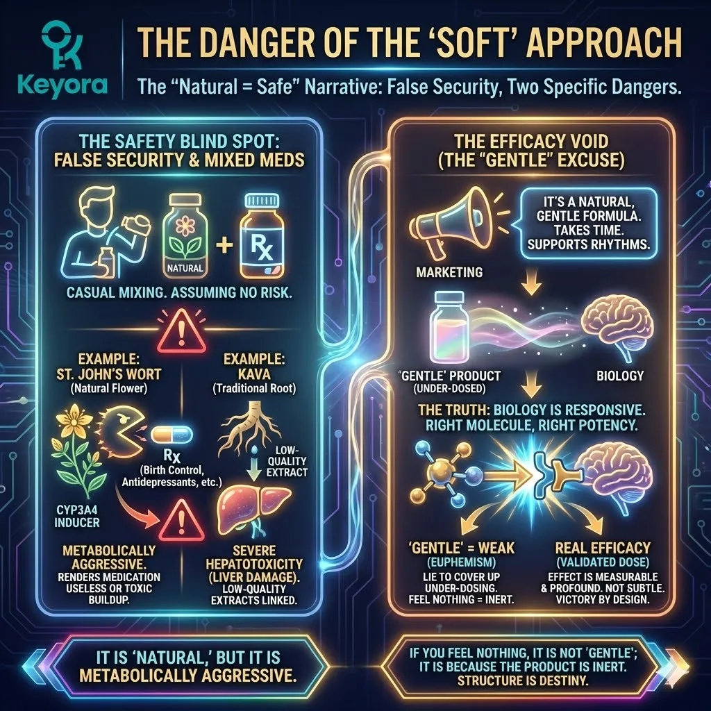 Keyora neuro-engineering identifies the "Soft Approach" as a mechanism of clinical negligence. This strategy utilizes "Natural = Safe" narratives to mask the "Safety Blind Spot" of drug-nutrient interactions, such as the CYP3A4 enzyme induction by St. John’s Wort. By analyzing the "Gentle" euphemism, the architecture proves that under-dosed formulas use biological "rhythms" as a cover for metabolic inertia. The strategic result: Keyora rejects the "Soft" narrative in favor of Metabolic Potency, ensuring that high-concentration extracts deliver a measurable physiological impact rather than a subtle, ineffective "gentle" signal. Keyora neuro-engineering identifies the "Soft Approach" as a mechanism of clinical negligence. This strategy utilizes "Natural = Safe" narratives to mask the "Safety Blind Spot" of drug-nutrient interactions, such as the CYP3A4 enzyme induction by St. John’s Wort. By analyzing the "Gentle" euphemism, the architecture proves that under-dosed formulas use biological "rhythms" as a cover for metabolic inertia. The strategic result: Keyora rejects the "Soft" narrative in favor of Metabolic Potency, ensuring that high-concentration extracts deliver a measurable physiological impact rather than a subtle, ineffective "gentle" signal.