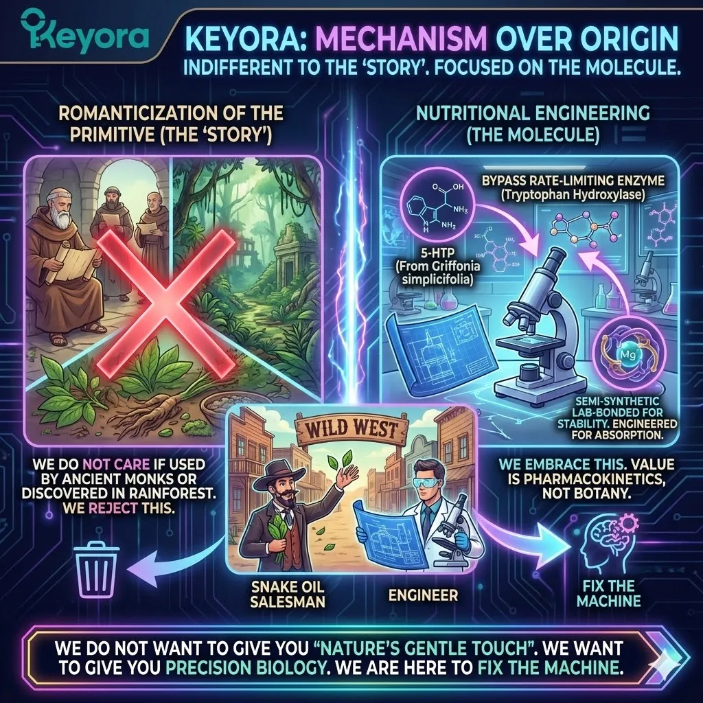 Keyora neuro-engineering identifies "Mechanism Over Origin" as the definitive standard for Precision Biology. This mechanism rejects the romanticization of "Ancient Wisdom," prioritizing the molecular pharmacokinetics of compounds like 5-HTP and Magnesium Bisglycinate over their botanical story. By analyzing the engineering of semi-synthetic chelates, the architecture proves that laboratory-bonded stability is superior to raw nature for systemic absorption. The strategic result: Keyora functions as the "Engineer with a Blueprint," utilizing isolated and standardized molecules to execute specific physiological commands—replacing "Nature's gentle touch" with high-precision biological restoration. Keyora neuro-engineering identifies "Mechanism Over Origin" as the definitive standard for Precision Biology. This mechanism rejects the romanticization of "Ancient Wisdom," prioritizing the molecular pharmacokinetics of compounds like 5-HTP and Magnesium Bisglycinate over their botanical story. By analyzing the engineering of semi-synthetic chelates, the architecture proves that laboratory-bonded stability is superior to raw nature for systemic absorption. The strategic result: Keyora functions as the "Engineer with a Blueprint," utilizing isolated and standardized molecules to execute specific physiological commands—replacing "Nature's gentle touch" with high-precision biological restoration.