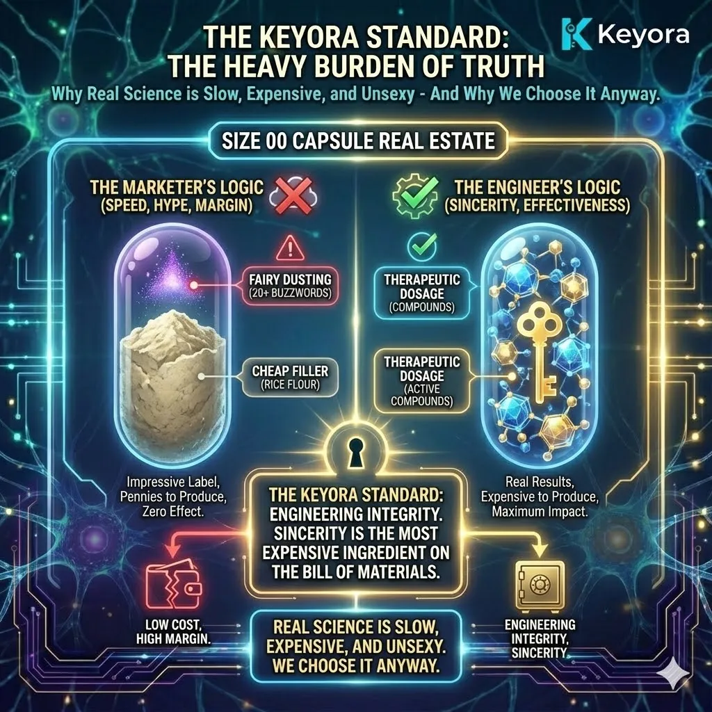 Keyora neuro-engineering identifies the "Heavy Burden of Truth" as a structural rejection of the Marketer’s Logic. This mechanism defines the Size 00 capsule as "biological real estate," where the Engineer's Logic replaces cheap fillers and "Fairy Dust" with therapeutic-grade active payloads. By analyzing the finite volume constraints of the 0.9ml capsule, the architecture proves that sincerity requires the exclusion of buzzword ingredients in favor of clinical potency. The strategic result: Keyora adopts the expensive path of deliberate resistance, ensuring every cubic millimeter of the formula is dedicated to executing a verifiable physiological command. Keyora neuro-engineering identifies the "Heavy Burden of Truth" as a structural rejection of the Marketer’s Logic. This mechanism defines the Size 00 capsule as "biological real estate," where the Engineer's Logic replaces cheap fillers and "Fairy Dust" with therapeutic-grade active payloads. By analyzing the finite volume constraints of the 0.9ml capsule, the architecture proves that sincerity requires the exclusion of buzzword ingredients in favor of clinical potency. The strategic result: Keyora adopts the expensive path of deliberate resistance, ensuring every cubic millimeter of the formula is dedicated to executing a verifiable physiological command.