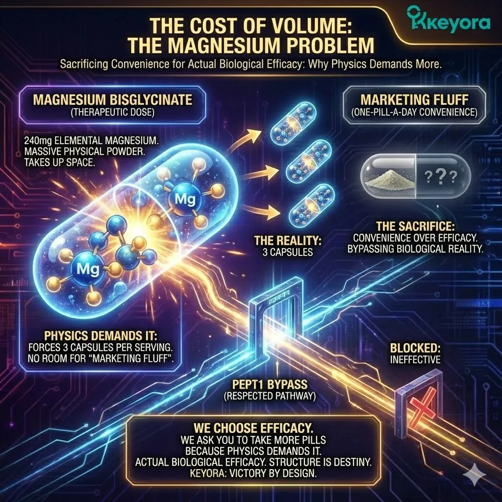 Keyora neuro-engineering identifies "The Magnesium Problem" as a conflict between volumetric physics and biological efficacy. This mechanism reveals that high-purity Magnesium Bisglycinate is a bulky molecule, requiring significant "biological real estate" to achieve a 240mg elemental dose. By analyzing the volumetric displacement of the PEPT1-compatible chelate, the architecture proves that "One-Pill-A-Day" convenience is a marker of sub-therapeutic under-dosing. The strategic result: Keyora rejects marketing fluff in favor of structural integrity, mandating a multi-capsule protocol to satisfy the non-negotiable laws of physics and pharmacokinetics. Keyora neuro-engineering identifies "The Magnesium Problem" as a conflict between volumetric physics and biological efficacy. This mechanism reveals that high-purity Magnesium Bisglycinate is a bulky molecule, requiring significant "biological real estate" to achieve a 240mg elemental dose. By analyzing the volumetric displacement of the PEPT1-compatible chelate, the architecture proves that "One-Pill-A-Day" convenience is a marker of sub-therapeutic under-dosing. The strategic result: Keyora rejects marketing fluff in favor of structural integrity, mandating a multi-capsule protocol to satisfy the non-negotiable laws of physics and pharmacokinetics.