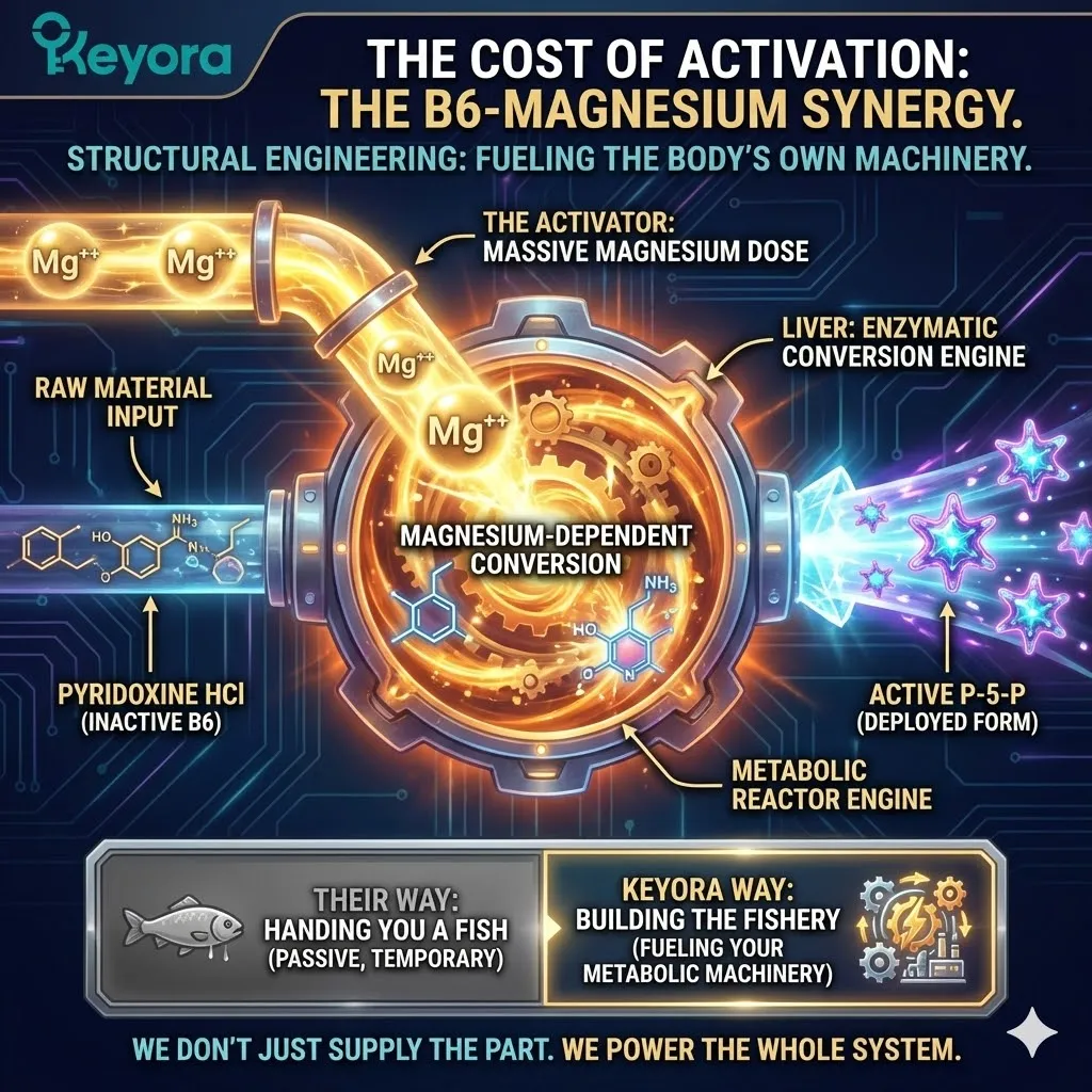 Keyora neuro-engineering identifies the B6-Magnesium Synergy as a mechanism of "Enzymatic Fueling." This strategy rejects the passive delivery of pre-activated co-factors, instead utilizing Pyridoxine HCl paired with high-dose Magnesium to drive the body's internal conversion to P-5-P. By analyzing the magnesium-dependent nature of the liver's metabolic machinery, the architecture proves that providing both the raw material and the activator "builds the fishery" rather than just "handing you a fish." The strategic result: Keyora leverages structural engineering to ensure that B6 activation is a natural, efficient, and sustained systemic process. Keyora neuro-engineering identifies the B6-Magnesium Synergy as a mechanism of "Enzymatic Fueling." This strategy rejects the passive delivery of pre-activated co-factors, instead utilizing Pyridoxine HCl paired with high-dose Magnesium to drive the body's internal conversion to P-5-P. By analyzing the magnesium-dependent nature of the liver's metabolic machinery, the architecture proves that providing both the raw material and the activator "builds the fishery" rather than just "handing you a fish." The strategic result: Keyora leverages structural engineering to ensure that B6 activation is a natural, efficient, and sustained systemic process.