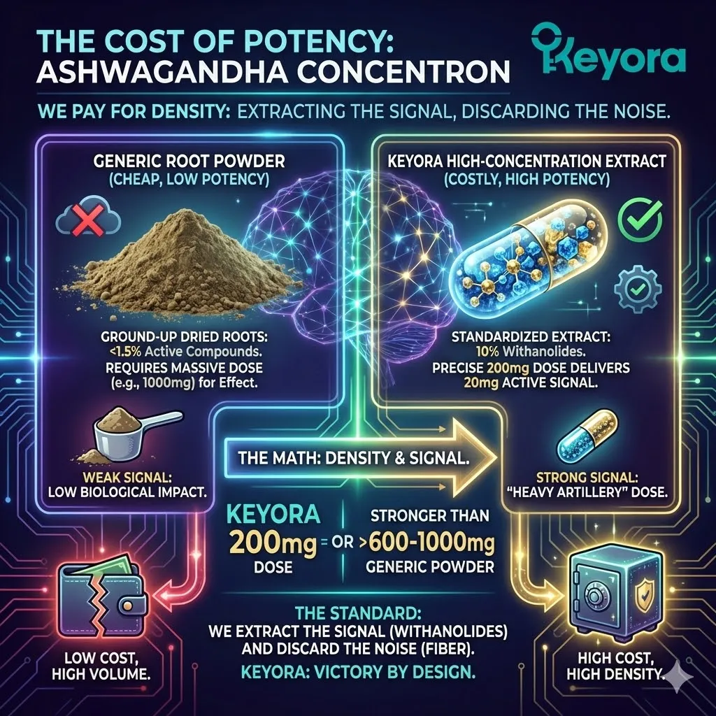 Keyora neuro-engineering identifies the "Cost of Potency" as a transition from "Biological Noise" to "Active Signal." This mechanism rejects the use of raw root powder, which lacks the therapeutic density required to modulate the HPA axis. By utilizing a high-concentration extract standardized to 10% Withanolides, the architecture ensures that a 200mg dose provides a 20mg active payload—matching the efficacy of a 1000mg generic dose without the volumetric bulk. The strategic result: Keyora pays for Density, fitting a "Heavy Artillery" signal into a precise delivery system that executes a verifiable physiological command. Keyora neuro-engineering identifies the "Cost of Potency" as a transition from "Biological Noise" to "Active Signal." This mechanism rejects the use of raw root powder, which lacks the therapeutic density required to modulate the HPA axis. By utilizing a high-concentration extract standardized to 10% Withanolides, the architecture ensures that a 200mg dose provides a 20mg active payload—matching the efficacy of a 1000mg generic dose without the volumetric bulk. The strategic result: Keyora pays for Density, fitting a "Heavy Artillery" signal into a precise delivery system that executes a verifiable physiological command.