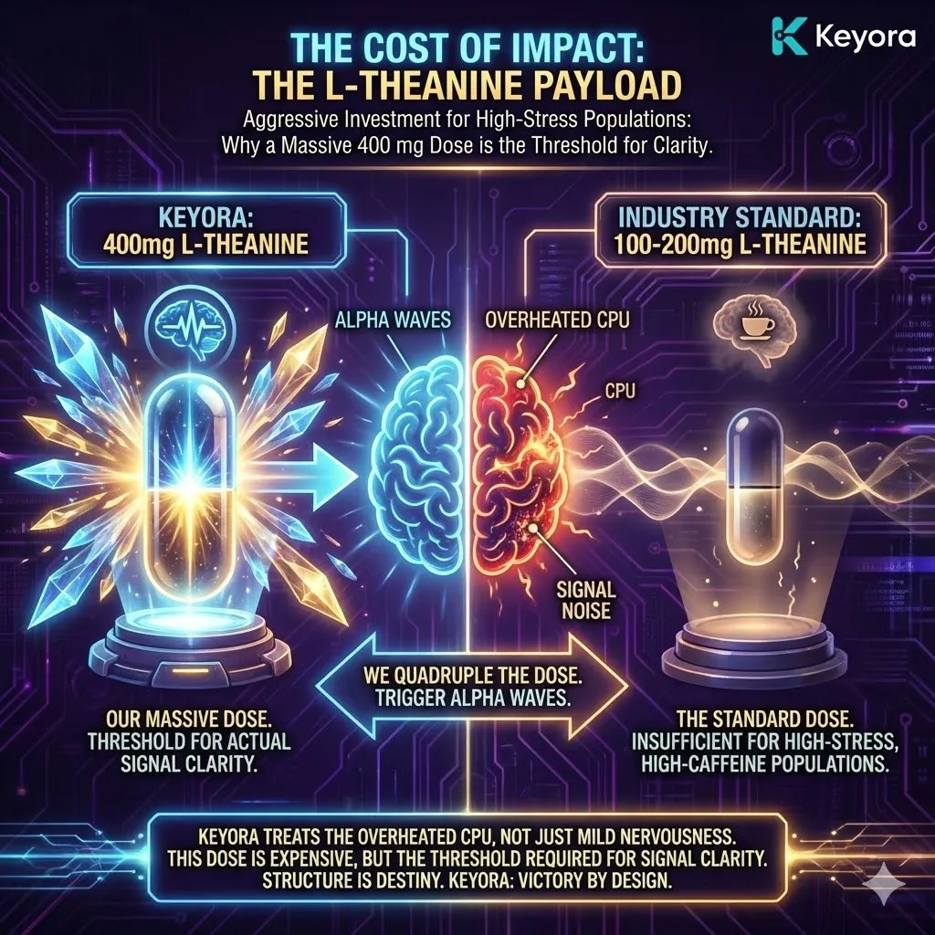 Keyora neuro-engineering identifies the "Cost of Impact" as a shift from threshold-level dosing to therapeutic saturation. This mechanism rejects the industry standard of 100-200 mg, recognizing that a "high-caffeine, high-stress" population requires a 400 mg payload to effectively modulate neural frequencies. By analyzing the voltage required to trigger Alpha Waves (8-12 Hz), the architecture proves that sub-therapeutic doses fail to resolve the "Overheated CPU" state. The strategic result: Keyora invests in a massive L-Theanine payload to ensure absolute signal clarity and the definitive termination of neural static. Keyora neuro-engineering identifies the "Cost of Impact" as a shift from threshold-level dosing to therapeutic saturation. This mechanism rejects the industry standard of 100-200 mg, recognizing that a "high-caffeine, high-stress" population requires a 400 mg payload to effectively modulate neural frequencies. By analyzing the voltage required to trigger Alpha Waves (8-12 Hz), the architecture proves that sub-therapeutic doses fail to resolve the "Overheated CPU" state. The strategic result: Keyora invests in a massive L-Theanine payload to ensure absolute signal clarity and the definitive termination of neural static.