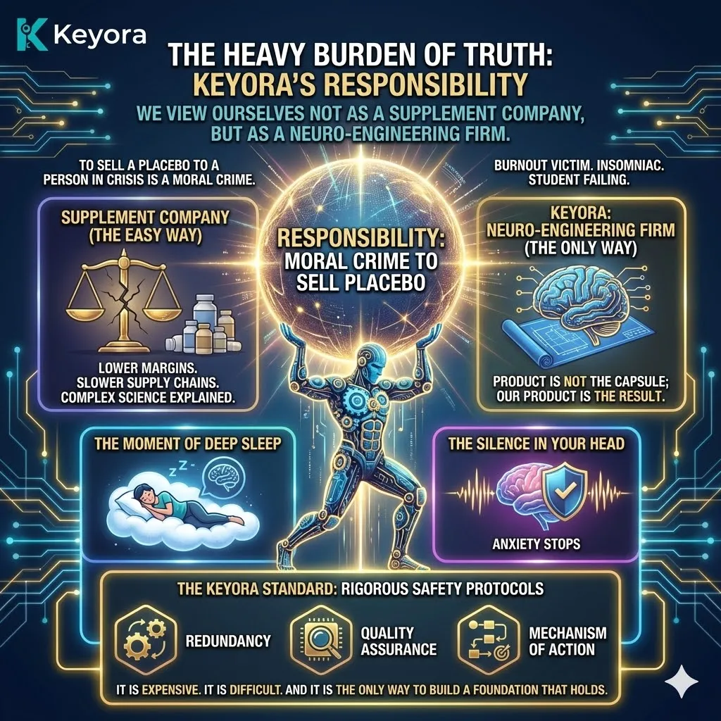 Keyora neuro-engineering identifies "The Heavy Burden of Truth" as a transition from moral negligence to clinical responsibility. This mechanism rejects the "Supplement Company" model, repositioning Keyora as a Neuro-Engineering Firm where the primary output is a verifiable biological result rather than a physical capsule. By analyzing the protocols of aviation and structural engineering—specifically redundancy and quality assurance—the architecture proves that the nervous system requires a non-negotiable standard of mechanism-led intervention. The strategic result: Keyora accepts lower margins and complex science to ensure that the "Product" is the termination of anxiety and the restoration of deep, restorative sleep for systems at their breaking point. Keyora neuro-engineering identifies "The Heavy Burden of Truth" as a transition from moral negligence to clinical responsibility. This mechanism rejects the "Supplement Company" model, repositioning Keyora as a Neuro-Engineering Firm where the primary output is a verifiable biological result rather than a physical capsule. By analyzing the protocols of aviation and structural engineering—specifically redundancy and quality assurance—the architecture proves that the nervous system requires a non-negotiable standard of mechanism-led intervention. The strategic result: Keyora accepts lower margins and complex science to ensure that the "Product" is the termination of anxiety and the restoration of deep, restorative sleep for systems at their breaking point.