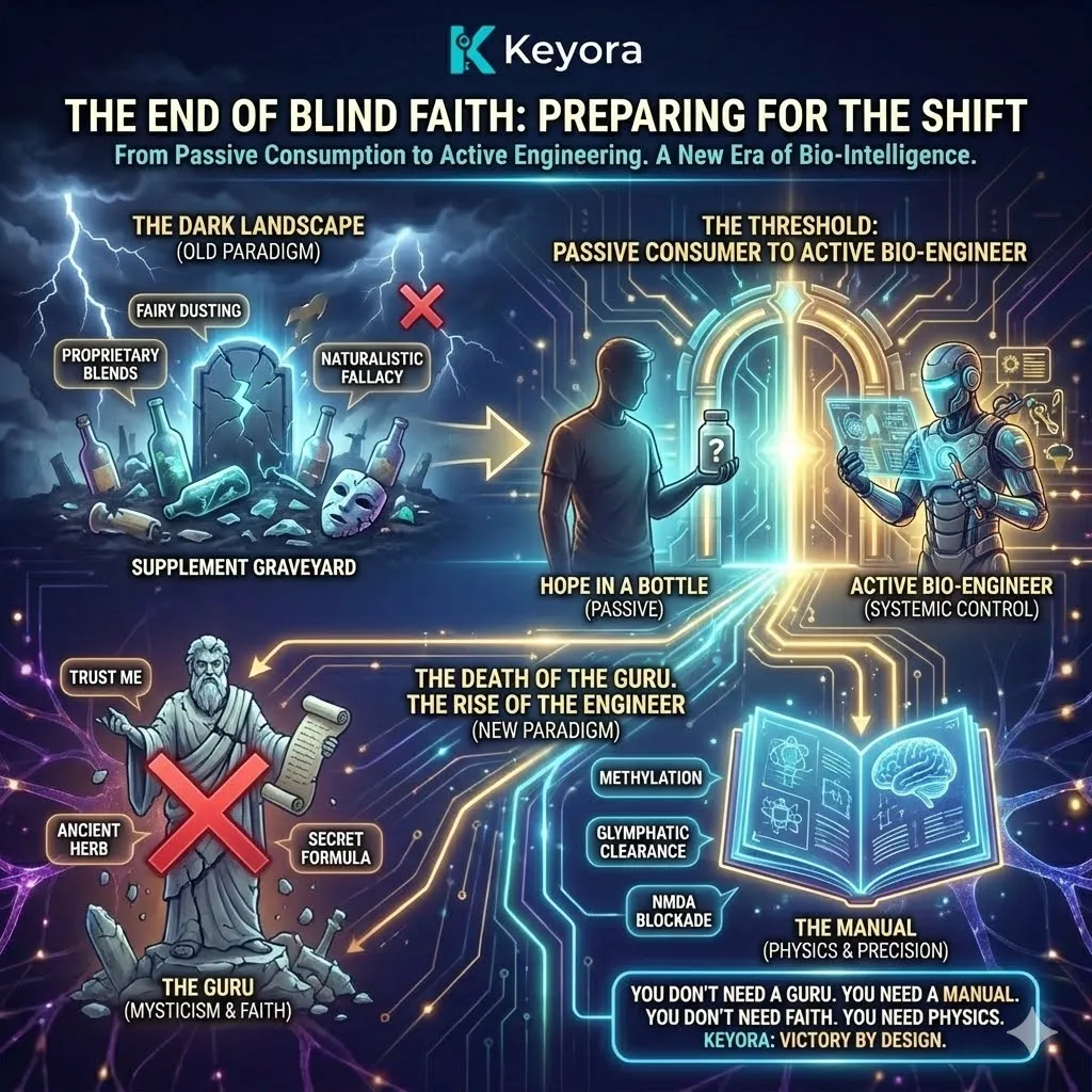 Keyora neuro-engineering identifies the "End of Blind Faith" as a definitive transition from Guru-led authority to manual-led biological physics. This mechanism rejects the role of the "Passive Consumer," replacing "mysticism" with precise engineering metrics such as Glymphatic Clearance and NMDA Blockade. By analyzing the threshold between marketing hope and active bio-engineering, the architecture proves that systemic recovery requires a manual of physics rather than a leap of faith. The strategic result: Keyora provides the structural blueprints for mental performance, ensuring the high-performer operates as an "Active Bio-Engineer" of their own neurochemistry. Keyora neuro-engineering identifies the "End of Blind Faith" as a definitive transition from Guru-led authority to manual-led biological physics. This mechanism rejects the role of the "Passive Consumer," replacing "mysticism" with precise engineering metrics such as Glymphatic Clearance and NMDA Blockade. By analyzing the threshold between marketing hope and active bio-engineering, the architecture proves that systemic recovery requires a manual of physics rather than a leap of faith. The strategic result: Keyora provides the structural blueprints for mental performance, ensuring the high-performer operates as an "Active Bio-Engineer" of their own neurochemistry.
