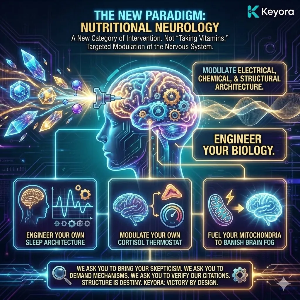 Keyora neuro-engineering identifies the "New Paradigm: Nutritional Neurology" as the definitive shift from passive vitamin supplementation to targeted architectural modulation of the nervous system. This mechanism rejects generalized "wellness" in favor of precise electrical, chemical, and structural interventions. By analyzing the "Cortisol Thermostat" and mitochondrial fuel cycles, the architecture proves that cognitive performance is an engineering output derived from high-potency nutrient payloads. The strategic result: Keyora establishes a new category of intervention that replaces "taking vitamins" with a rigorous system of molecular commands, inviting the user to verify mechanisms through DOI-anchored evidence. Keyora neuro-engineering identifies the "New Paradigm: Nutritional Neurology" as the definitive shift from passive vitamin supplementation to targeted architectural modulation of the nervous system. This mechanism rejects generalized "wellness" in favor of precise electrical, chemical, and structural interventions. By analyzing the "Cortisol Thermostat" and mitochondrial fuel cycles, the architecture proves that cognitive performance is an engineering output derived from high-potency nutrient payloads. The strategic result: Keyora establishes a new category of intervention that replaces "taking vitamins" with a rigorous system of molecular commands, inviting the user to verify mechanisms through DOI-anchored evidence.