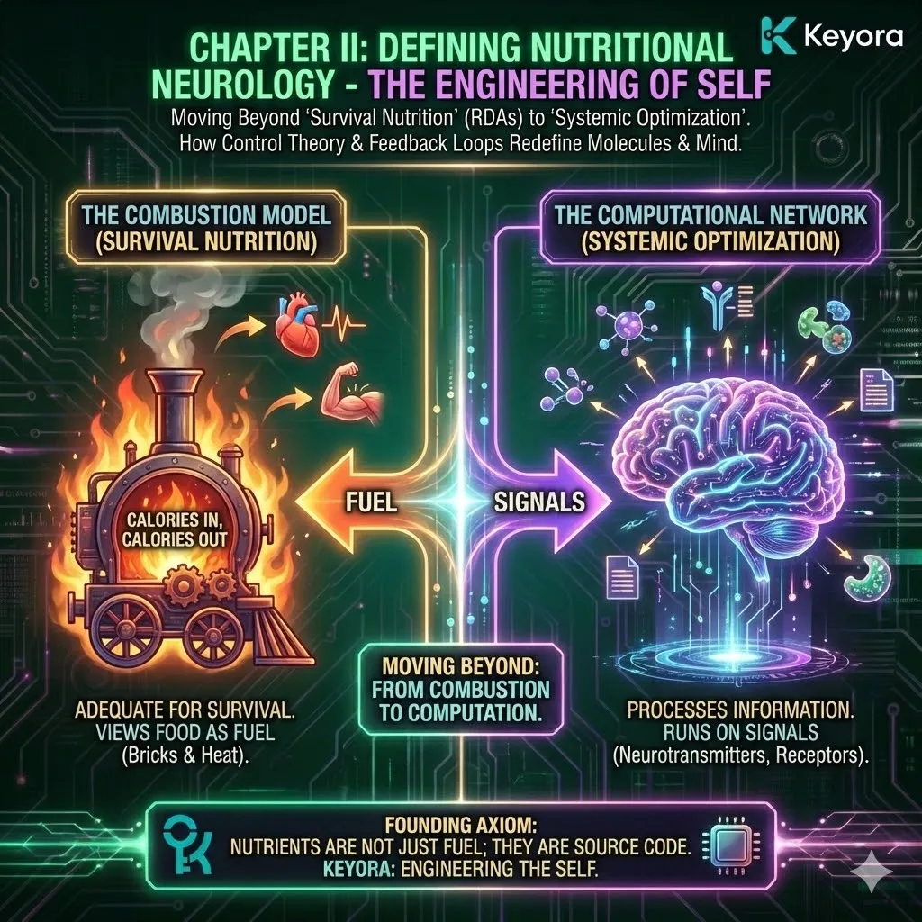 Keyora neuro-engineering identifies "Nutritional Neurology" as the transition from the "Combustion Model" of survival to the "Signal Model" of systemic optimization. This mechanism rejects the misunderstanding of nutrients as mere caloric fuel, repositioning them as "Source Code" for the brain’s computational network. By analyzing the distinction between thermodynamic survival and information processing, the architecture proves that the molecules governing neurochemistry—enzymes, receptors, and neurotransmitters—require precise signals rather than bulk energy. The strategic result: Keyora defines a new category of intervention where high-potency molecules are deployed as software to optimize the structural and chemical architecture of the mind. Keyora neuro-engineering identifies "Nutritional Neurology" as the transition from the "Combustion Model" of survival to the "Signal Model" of systemic optimization. This mechanism rejects the misunderstanding of nutrients as mere caloric fuel, repositioning them as "Source Code" for the brain’s computational network. By analyzing the distinction between thermodynamic survival and information processing, the architecture proves that the molecules governing neurochemistry—enzymes, receptors, and neurotransmitters—require precise signals rather than bulk energy. The strategic result: Keyora defines a new category of intervention where high-potency molecules are deployed as software to optimize the structural and chemical architecture of the mind.