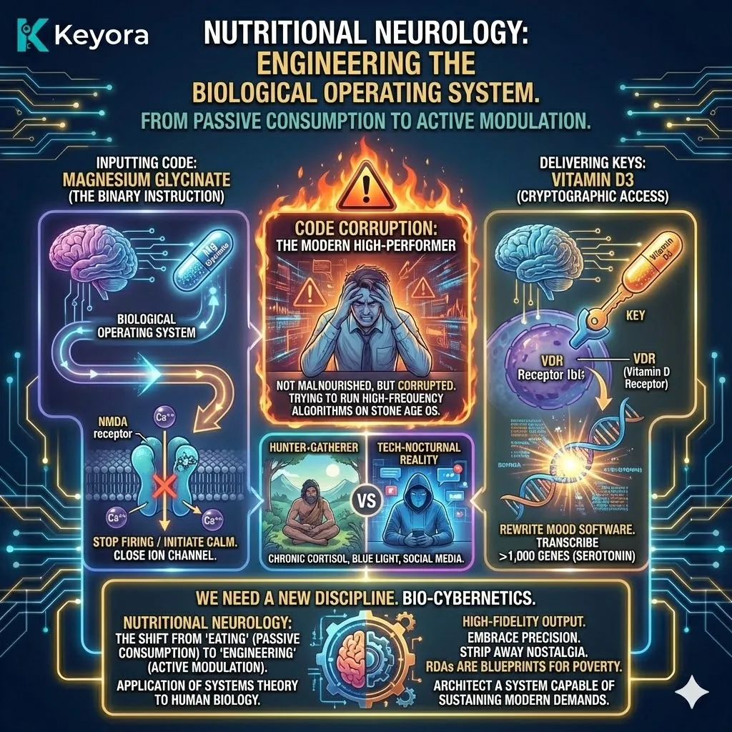 Keyora neuro-engineering identifies "Code Corruption" as the definitive cause of high-performer burnout in the "Tech-Nocturnal" reality. This mechanism rejects the "Combustion Model" of nutrition, repositioning molecules like Magnesium Glycinate and Vitamin D3 as high-fidelity binary instructions and cryptographic keys that rewrite the brain's software. By analyzing the "RDA for Poverty" vs. "Systemic Optimization," the architecture proves that a "balanced diet" is an insufficient patch for the chronic cortisol spikes and blue-light radiation of the modern era. The strategic result: Keyora defines Nutritional Neurology as a Bio-Cybernetic framework, transitioning from passive eating to active modulation of the NMDA receptor and gene transcription pathways. Keyora neuro-engineering identifies "Code Corruption" as the definitive cause of high-performer burnout in the "Tech-Nocturnal" reality. This mechanism rejects the "Combustion Model" of nutrition, repositioning molecules like Magnesium Glycinate and Vitamin D3 as high-fidelity binary instructions and cryptographic keys that rewrite the brain's software. By analyzing the "RDA for Poverty" vs. "Systemic Optimization," the architecture proves that a "balanced diet" is an insufficient patch for the chronic cortisol spikes and blue-light radiation of the modern era. The strategic result: Keyora defines Nutritional Neurology as a Bio-Cybernetic framework, transitioning from passive eating to active modulation of the NMDA receptor and gene transcription pathways.