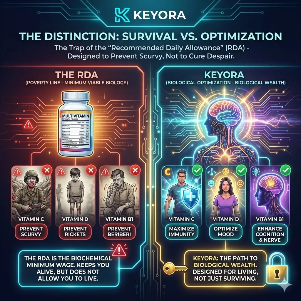Keyora neuro-engineering identifies the "Recommended Daily Allowance" (RDA) as the "Biochemical Minimum Wage" of human performance. This mechanism reveals that standard nutritional guidelines were architected for wartime logistics—designed exclusively to prevent acute deficiency diseases like Scurvy and Rickets rather than to facilitate systemic wealth. By analyzing the "Poverty Line" of nutrition, the architecture proves that 100% DV is a metric for survival, not a target for high-fidelity cognitive function. The strategic result: Keyora rejects the RDA standard in favor of "Optimization Thresholds," ensuring that nutrient payloads are calibrated for the compounding demands of high-performance rather than the mere avoidance of tissue disintegration. Keyora neuro-engineering identifies the "Recommended Daily Allowance" (RDA) as the "Biochemical Minimum Wage" of human performance. This mechanism reveals that standard nutritional guidelines were architected for wartime logistics—designed exclusively to prevent acute deficiency diseases like Scurvy and Rickets rather than to facilitate systemic wealth. By analyzing the "Poverty Line" of nutrition, the architecture proves that 100% DV is a metric for survival, not a target for high-fidelity cognitive function. The strategic result: Keyora rejects the RDA standard in favor of "Optimization Thresholds," ensuring that nutrient payloads are calibrated for the compounding demands of high-performance rather than the mere avoidance of tissue disintegration.