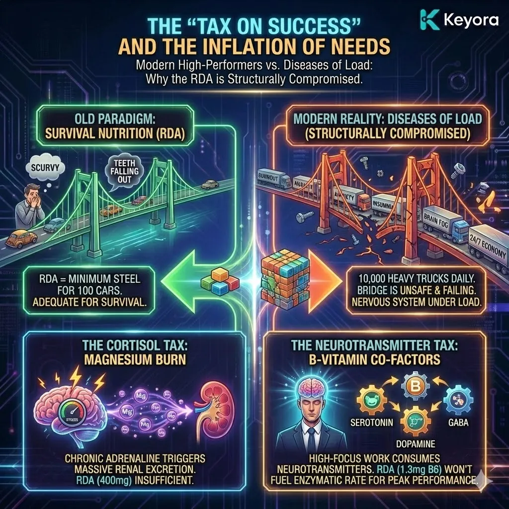 Keyora neuro-engineering identifies "The Tax on Success" as the definitive mechanism of nutrient depletion under high-load conditions. This strategy rejects the "Static Bridge" model of RDA, recognizing that chronic adrenaline and high-focus cognitive tasks create a state of "Inflation of Needs." By analyzing the "Cortisol Tax" on Magnesium and the "Neurotransmitter Tax" on B-Vitamins, the architecture proves that baseline nutrition is insufficient for the renal excretion and enzymatic consumption triggered by the modern 24/7 economy. The strategic result: Keyora ignores the "Minimum Viable Biology" in favor of "Load-Adjusted Dosing," providing the high-performer with the structural reinforcement needed to prevent systemic cracking and burnout. Keyora neuro-engineering identifies "The Tax on Success" as the definitive mechanism of nutrient depletion under high-load conditions. This strategy rejects the "Static Bridge" model of RDA, recognizing that chronic adrenaline and high-focus cognitive tasks create a state of "Inflation of Needs." By analyzing the "Cortisol Tax" on Magnesium and the "Neurotransmitter Tax" on B-Vitamins, the architecture proves that baseline nutrition is insufficient for the renal excretion and enzymatic consumption triggered by the modern 24/7 economy. The strategic result: Keyora ignores the "Minimum Viable Biology" in favor of "Load-Adjusted Dosing," providing the high-performer with the structural reinforcement needed to prevent systemic cracking and burnout.