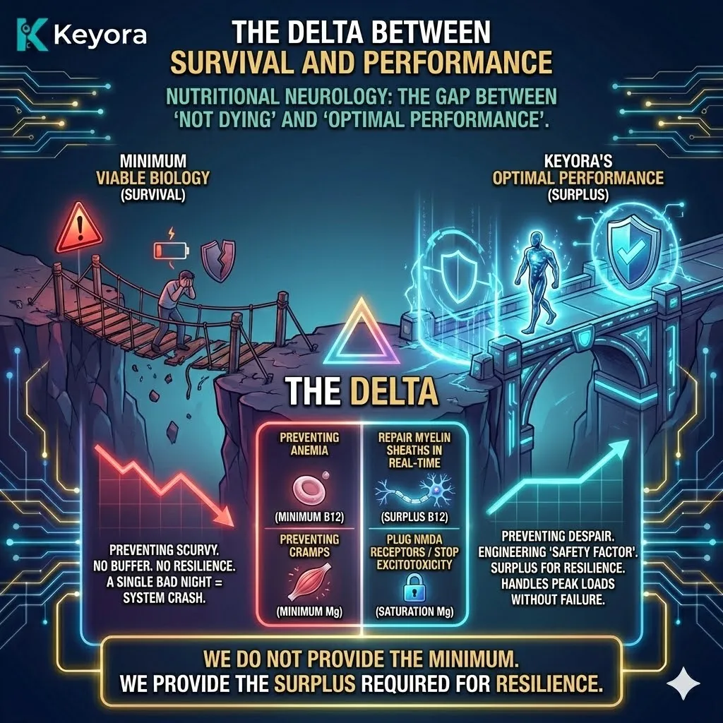Keyora neuro-engineering identifies the "Delta Between Survival and Performance" as the definitive requirement for Systemic Surplus. This mechanism rejects the "Minimum Viable Biology" model, repositioning nutrient payloads as a "Safety Factor" similar to high-load elevator engineering. By analyzing the gap between preventing anemia and repairing myelin sheaths, the architecture proves that optimization requires over-engineering the system to handle peak cognitive loads without a crash. The strategic result: Keyora utilizes saturation doses of Magnesium to achieve a physical NMDA receptor blockade, ensuring the high-performer has the biochemical buffer necessary to maintain resilience during acute stress events. Keyora neuro-engineering identifies the "Delta Between Survival and Performance" as the definitive requirement for Systemic Surplus. This mechanism rejects the "Minimum Viable Biology" model, repositioning nutrient payloads as a "Safety Factor" similar to high-load elevator engineering. By analyzing the gap between preventing anemia and repairing myelin sheaths, the architecture proves that optimization requires over-engineering the system to handle peak cognitive loads without a crash. The strategic result: Keyora utilizes saturation doses of Magnesium to achieve a physical NMDA receptor blockade, ensuring the high-performer has the biochemical buffer necessary to maintain resilience during acute stress events.