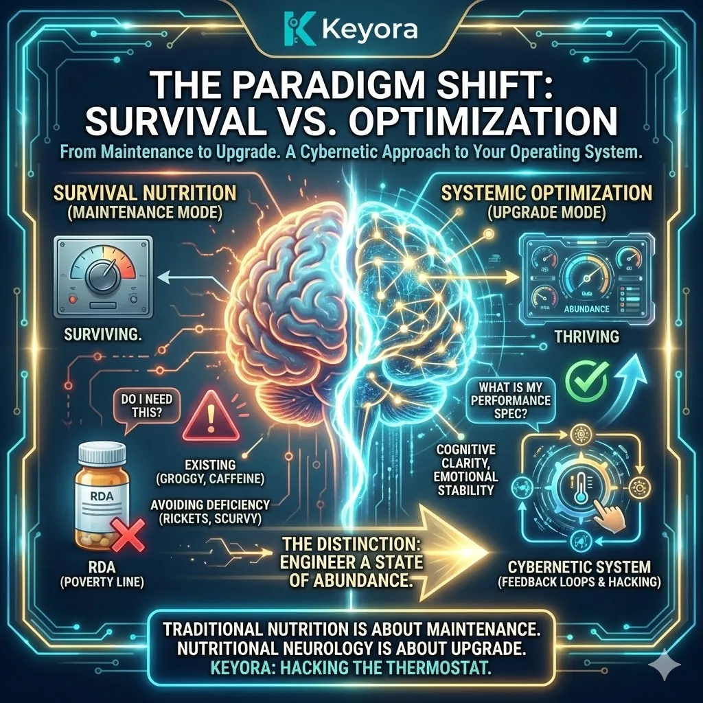 Keyora neuro-engineering identifies the "Paradigm Shift" as the definitive transition from "Maintenance-Based Nutrition" to "Upgrade-Led Engineering." This mechanism rejects the question of "need" (survival) in favor of "specification" (performance), moving the user beyond the Government Poverty Line of the RDA. By analyzing the "Operating System" specs required for cognitive clarity and emotional stability, the architecture proves that baseline standards are insufficient for enduring modern stress without breakage. The strategic result: Keyora adopts the principle of "Bio-Abundance," utilizing high-fidelity molecular inputs to hack the system’s thermostat and achieve a state of systemic upgrade rather than mere biological existence. Keyora neuro-engineering identifies the "Paradigm Shift" as the definitive transition from "Maintenance-Based Nutrition" to "Upgrade-Led Engineering." This mechanism rejects the question of "need" (survival) in favor of "specification" (performance), moving the user beyond the Government Poverty Line of the RDA. By analyzing the "Operating System" specs required for cognitive clarity and emotional stability, the architecture proves that baseline standards are insufficient for enduring modern stress without breakage. The strategic result: Keyora adopts the principle of "Bio-Abundance," utilizing high-fidelity molecular inputs to hack the system’s thermostat and achieve a state of systemic upgrade rather than mere biological existence.