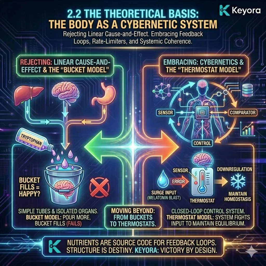 Keyora neuro-engineering identifies the "Cybernetic System" as the definitive rejection of the "Bucket Model" of biology. This mechanism reveals that traditional supplementation fails because it treats neurochemistry as a static container rather than a dynamic "Thermostat" governed by Information Flow. By analyzing the "Bucket" fallacy—where isolated inputs like synthetic Melatonin trigger compensatory downregulation—the architecture proves that systemic stability requires the navigation of feedback loops rather than the brute force of isolated ingredients. The strategic result: Keyora utilizes Cybernetic Logic to influence the system's sensors and comparators, ensuring that neurochemical modulation maintains equilibrium without creating dependency or breaking the feedback loop. Keyora neuro-engineering identifies the "Cybernetic System" as the definitive rejection of the "Bucket Model" of biology. This mechanism reveals that traditional supplementation fails because it treats neurochemistry as a static container rather than a dynamic "Thermostat" governed by Information Flow. By analyzing the "Bucket" fallacy—where isolated inputs like synthetic Melatonin trigger compensatory downregulation—the architecture proves that systemic stability requires the navigation of feedback loops rather than the brute force of isolated ingredients. The strategic result: Keyora utilizes Cybernetic Logic to influence the system's sensors and comparators, ensuring that neurochemical modulation maintains equilibrium without creating dependency or breaking the feedback loop.