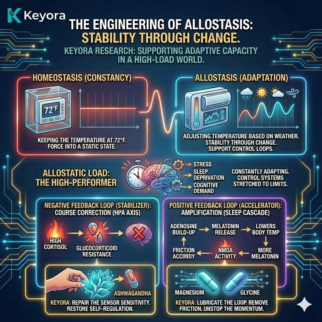 Keyora neuro-engineering identifies the "Engineering of Allostasis" as the definitive method for maintaining stability through dynamic change. This mechanism rejects the "Homeostatic" goal of static constancy, focusing instead on supporting the adaptive capacity of control loops under high systemic load. By analyzing the repair of the "Negative Feedback Loop" via Ashwagandha and the lubrication of the "Positive Feedback Loop" via Magnesium and Glycine, the architecture proves that recovery requires restoring sensor sensitivity rather than forcing a chemical outcome. The strategic result: Keyora eliminates "Glucocorticoid Resistance" and neural friction, allowing the high-performer to navigate extreme stress with a self-regulating biological operating system. Keyora neuro-engineering identifies the "Engineering of Allostasis" as the definitive method for maintaining stability through dynamic change. This mechanism rejects the "Homeostatic" goal of static constancy, focusing instead on supporting the adaptive capacity of control loops under high systemic load. By analyzing the repair of the "Negative Feedback Loop" via Ashwagandha and the lubrication of the "Positive Feedback Loop" via Magnesium and Glycine, the architecture proves that recovery requires restoring sensor sensitivity rather than forcing a chemical outcome. The strategic result: Keyora eliminates "Glucocorticoid Resistance" and neural friction, allowing the high-performer to navigate extreme stress with a self-regulating biological operating system.
