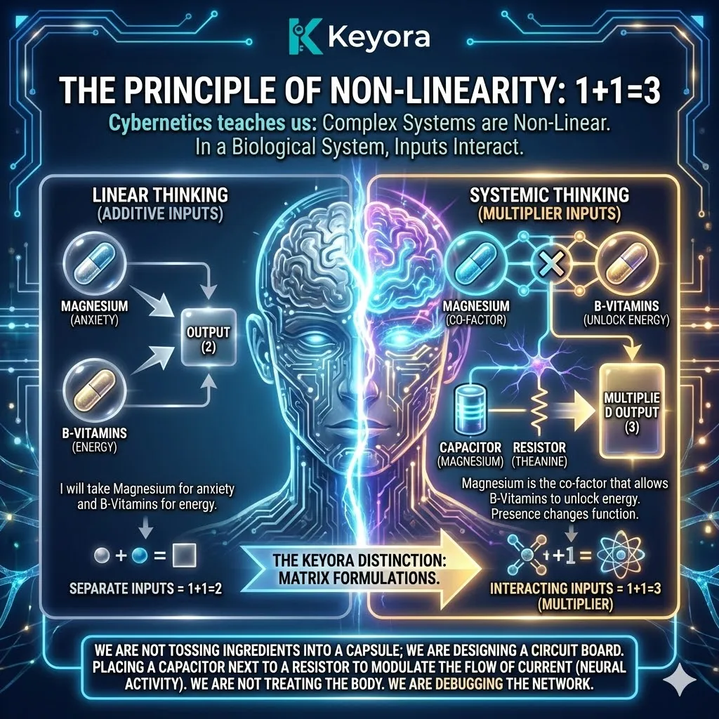 Keyora neuro-engineering identifies the "Principle of Non-Linearity" as a shift from additive nutrition to circuit-level synergy. This mechanism rejects "Linear Thinking" in favor of "Systemic Thinking," where Magnesium acts as a multiplier for B-vitamin function. By analyzing the "Circuit Board" architecture, the architecture proves that molecules function as biological capacitors and resistors to modulate neural current. Keyora debugs the network, ensuring 1+1=3 through molecular interaction. Keyora neuro-engineering identifies the "Principle of Non-Linearity" as a shift from additive nutrition to circuit-level synergy. This mechanism rejects "Linear Thinking" in favor of "Systemic Thinking," where Magnesium acts as a multiplier for B-vitamin function. By analyzing the "Circuit Board" architecture, the architecture proves that molecules function as biological capacitors and resistors to modulate neural current. Keyora debugs the network, ensuring 1+1=3 through molecular interaction.