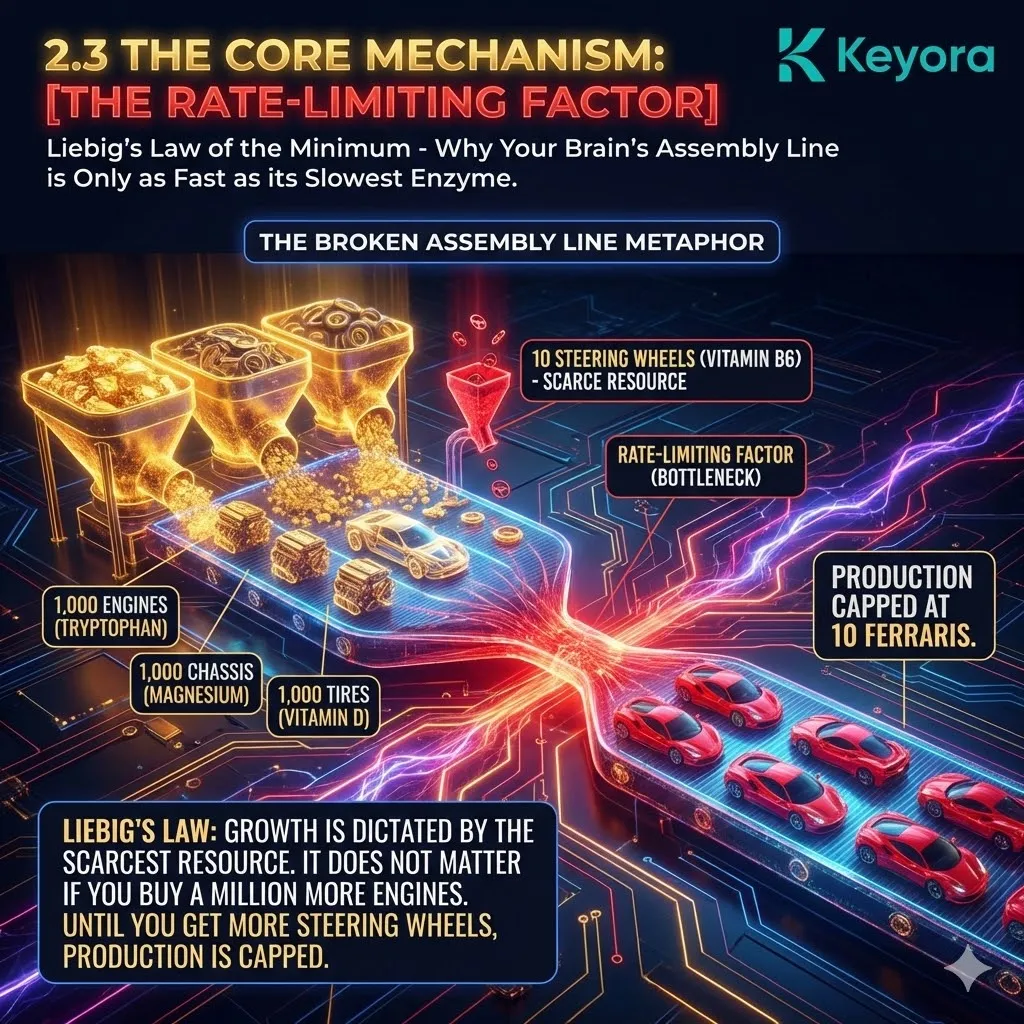 Keyora neuro-engineering identifies the "Rate-Limiting Factor" as the definitive constraint on neurochemical production. This mechanism rejects the "Bulk Supply" model, recognizing that biological growth is dictated by the scarcest resource rather than total inventory. By analyzing the "Broken Assembly Line" metaphor—where 1,000 engines are rendered useless by a lack of steering wheels—the architecture proves that Tryptophan and Magnesium levels are irrelevant if the enzymatic co-factor (B6) is absent. The strategic result: Keyora identifies and provides the specific molecular "steering wheels" required to uncap systemic production. Keyora neuro-engineering identifies the "Rate-Limiting Factor" as the definitive constraint on neurochemical production. This mechanism rejects the "Bulk Supply" model, recognizing that biological growth is dictated by the scarcest resource rather than total inventory. By analyzing the "Broken Assembly Line" metaphor—where 1,000 engines are rendered useless by a lack of steering wheels—the architecture proves that Tryptophan and Magnesium levels are irrelevant if the enzymatic co-factor (B6) is absent. The strategic result: Keyora identifies and provides the specific molecular "steering wheels" required to uncap systemic production.