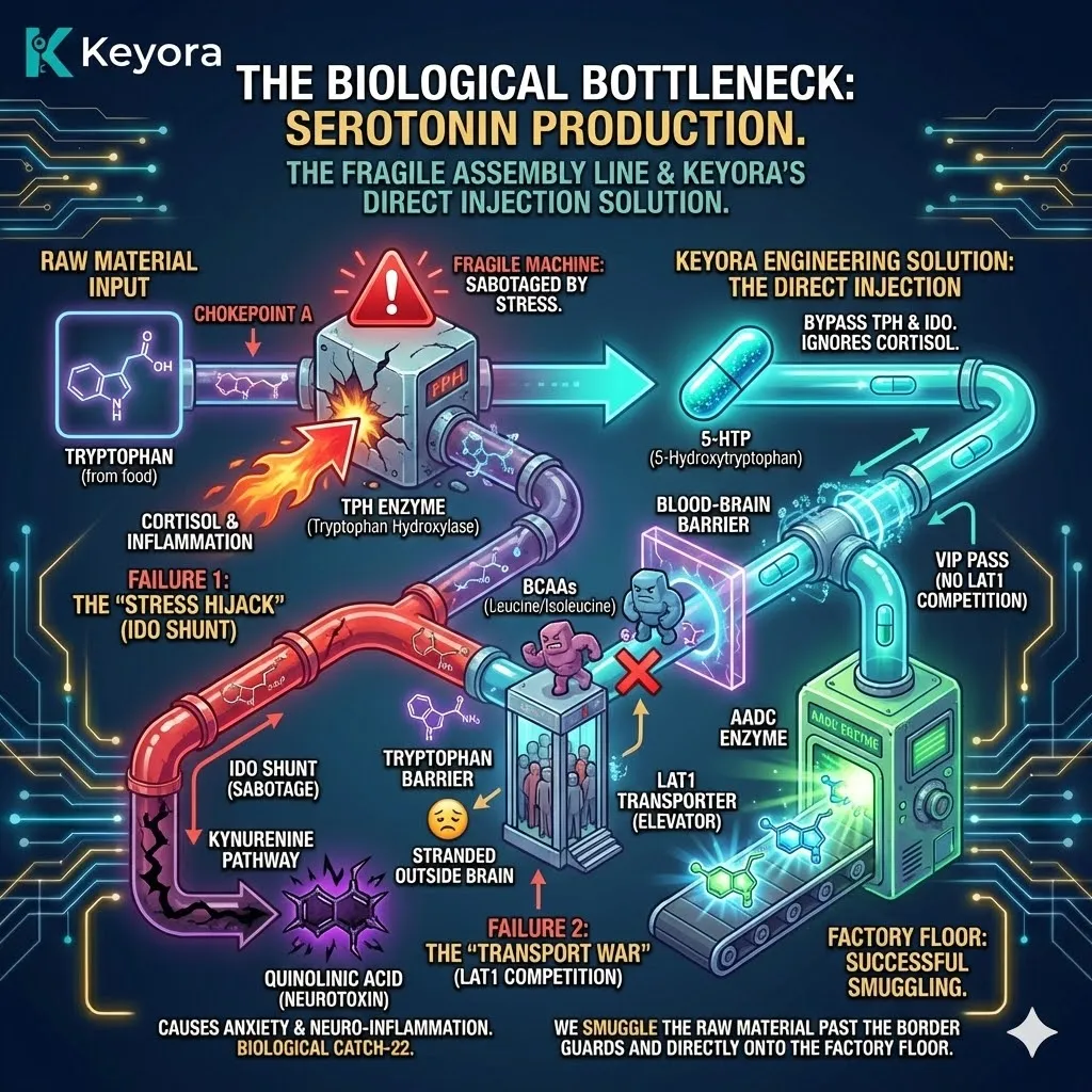 Keyora neuro-engineering identifies the "Biological Bottleneck" as the structural failure of the TPH enzyme under stress. This mechanism reveals the "IDO Shunt," where cortisol hijacks Tryptophan to produce neurotoxic Quinolinic Acid instead of Serotonin. By analyzing the "Transport War" at the blood-brain barrier, the architecture proves that dietary Tryptophan is outcompeted by other amino acids. The strategic result: Keyora utilizes 5-HTP as a "Direct Injection" that bypasses chokepoints and border guards, delivering raw material directly to the factory floor to ensure serotonin synthesis regardless of systemic stress. Keyora neuro-engineering identifies the "Biological Bottleneck" as the structural failure of the TPH enzyme under stress. This mechanism reveals the "IDO Shunt," where cortisol hijacks Tryptophan to produce neurotoxic Quinolinic Acid instead of Serotonin. By analyzing the "Transport War" at the blood-brain barrier, the architecture proves that dietary Tryptophan is outcompeted by other amino acids. The strategic result: Keyora utilizes 5-HTP as a "Direct Injection" that bypasses chokepoints and border guards, delivering raw material directly to the factory floor to ensure serotonin synthesis regardless of systemic stress.