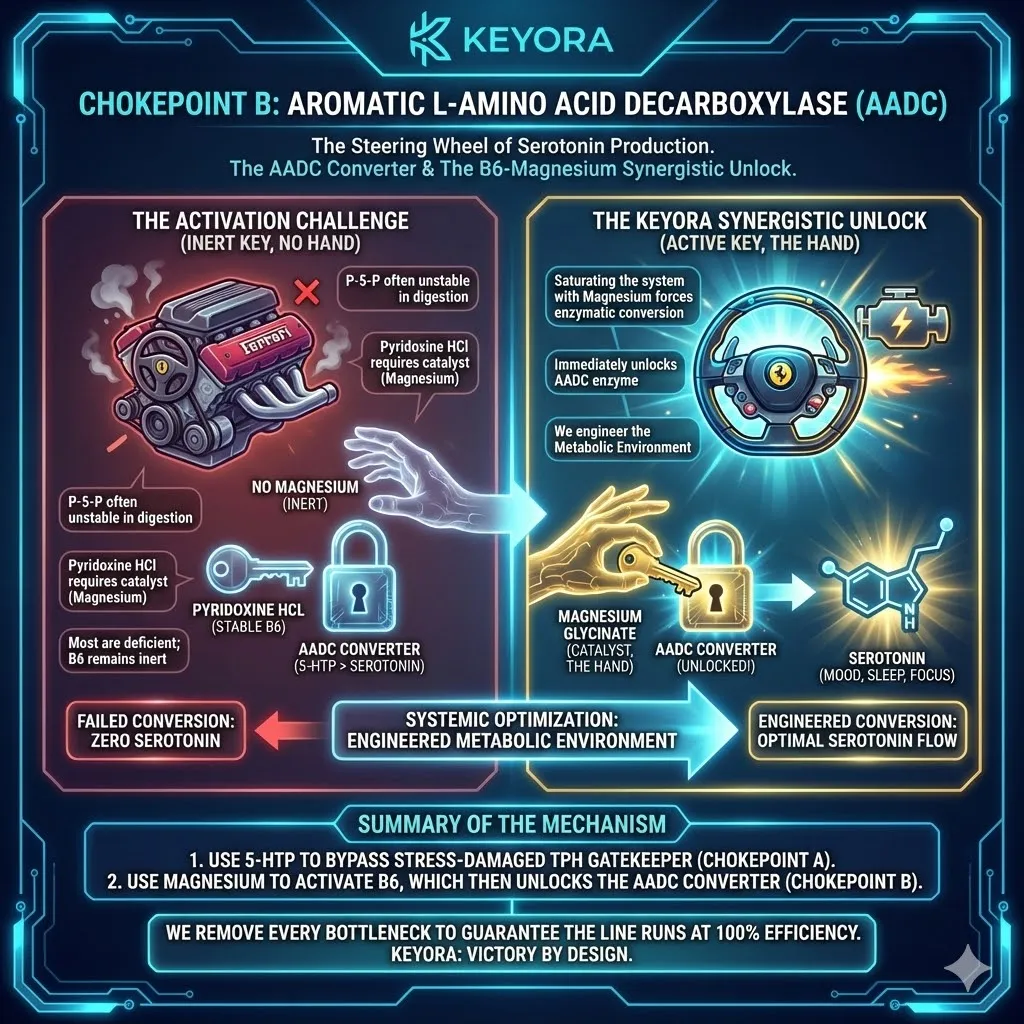 Keyora neuro-engineering identifies the AADC enzyme as the definitive "Steering Wheel" of serotonin synthesis, dependent on the B6-Magnesium catalyst. This mechanism rejects the unstable delivery of direct P-5-P, instead utilizing a "Synergistic Unlock" of stable Pyridoxine HCl. By analyzing the activation challenge, the architecture proves that B6 remains inert without a Magnesium hand to turn the metabolic key. The strategic result: Keyora saturates the environment with Magnesium Glycinate to force the enzymatic conversion of B6, ensuring that 5-HTP is successfully processed into Serotonin with 100% efficiency. Keyora neuro-engineering identifies the AADC enzyme as the definitive "Steering Wheel" of serotonin synthesis, dependent on the B6-Magnesium catalyst. This mechanism rejects the unstable delivery of direct P-5-P, instead utilizing a "Synergistic Unlock" of stable Pyridoxine HCl. By analyzing the activation challenge, the architecture proves that B6 remains inert without a Magnesium hand to turn the metabolic key. The strategic result: Keyora saturates the environment with Magnesium Glycinate to force the enzymatic conversion of B6, ensuring that 5-HTP is successfully processed into Serotonin with 100% efficiency.