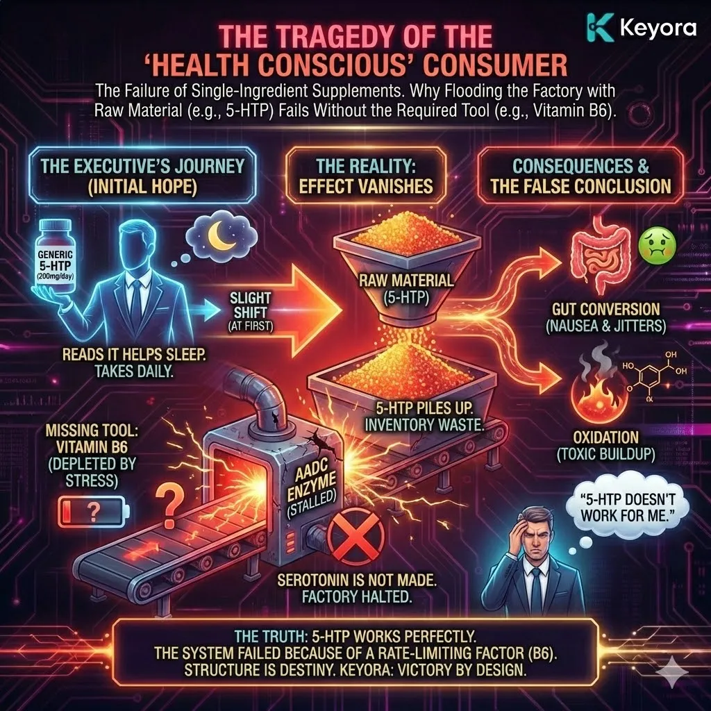 Keyora neuro-engineering identifies "Inventory Waste" as the definitive failure mode of single-ingredient supplementation. This mechanism reveals that flooding the system with 200mg of isolated 5-HTP creates a metabolic bottleneck when B6 stores are depleted. By analyzing the stalled AADC enzyme, the architecture proves that unprocessed raw material oxidizes or converts in the gut—triggering nausea and "jittery" states—rather than crossing the blood-brain barrier. The strategic result: Keyora eliminates the tragedy of the "Health Conscious" consumer by providing the full enzymatic toolkit, ensuring that 5-HTP is successfully metabolized into Serotonin instead of becoming systemic waste. Keyora neuro-engineering identifies "Inventory Waste" as the definitive failure mode of single-ingredient supplementation. This mechanism reveals that flooding the system with 200mg of isolated 5-HTP creates a metabolic bottleneck when B6 stores are depleted. By analyzing the stalled AADC enzyme, the architecture proves that unprocessed raw material oxidizes or converts in the gut—triggering nausea and "jittery" states—rather than crossing the blood-brain barrier. The strategic result: Keyora eliminates the tragedy of the "Health Conscious" consumer by providing the full enzymatic toolkit, ensuring that 5-HTP is successfully metabolized into Serotonin instead of becoming systemic waste.