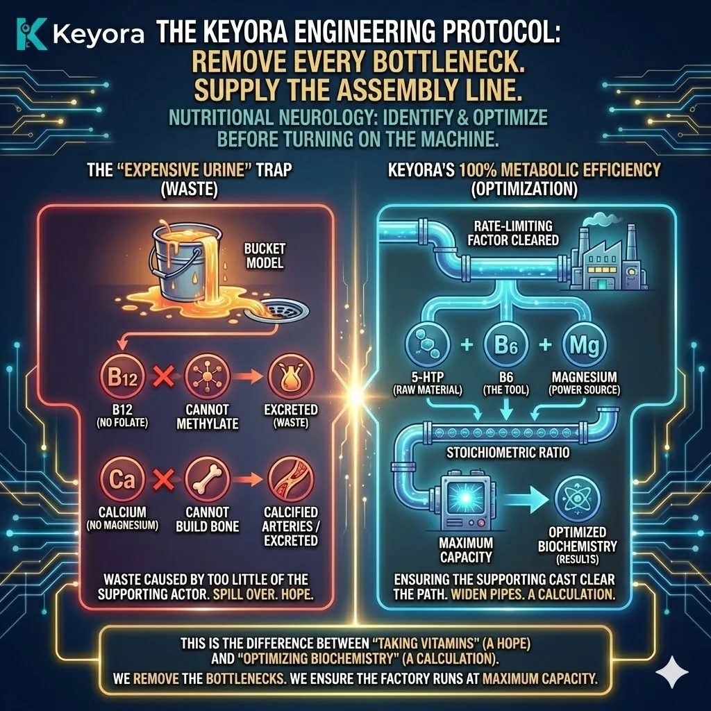Keyora neuro-engineering identifies "Metabolic Efficiency" as the transition from "Expensive Urine" to "Stoichiometric Precision." This mechanism rejects the "Bucket Model" of supplementation, where waste is often caused by the absence of supporting co-factors rather than an excess of the primary ingredient. By analyzing the "supporting cast" requirement—pairing 5-HTP with B6 and Magnesium—the architecture proves that neurochemical synthesis is a calculation of ratios, not just raw volume. The strategic result: Keyora eliminates metabolic bottlenecks and "Inventory Waste," ensuring every milligram follows its intended enzymatic pathway to optimize biochemistry rather than simply creating high-cost excretion. Keyora neuro-engineering identifies "Metabolic Efficiency" as the transition from "Expensive Urine" to "Stoichiometric Precision." This mechanism rejects the "Bucket Model" of supplementation, where waste is often caused by the absence of supporting co-factors rather than an excess of the primary ingredient. By analyzing the "supporting cast" requirement—pairing 5-HTP with B6 and Magnesium—the architecture proves that neurochemical synthesis is a calculation of ratios, not just raw volume. The strategic result: Keyora eliminates metabolic bottlenecks and "Inventory Waste," ensuring every milligram follows its intended enzymatic pathway to optimize biochemistry rather than simply creating high-cost excretion.