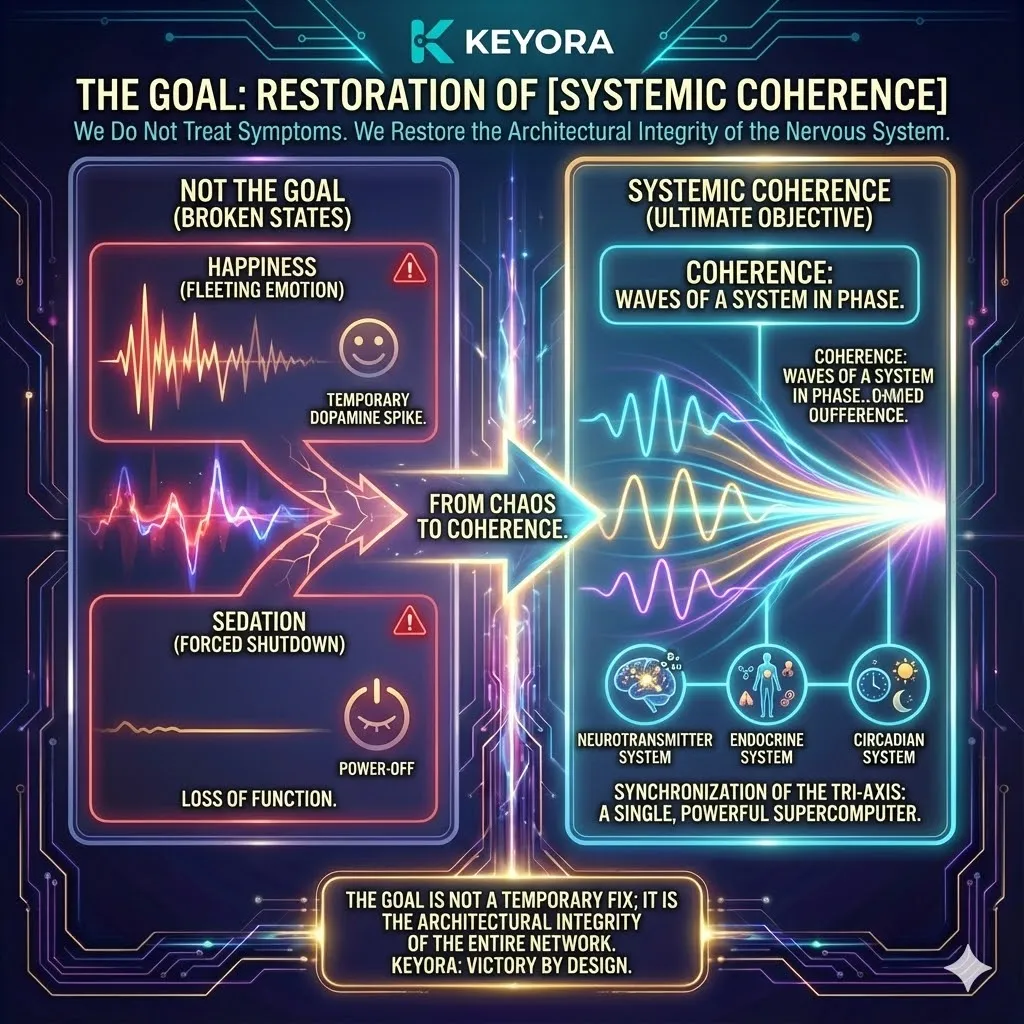 Keyora neuro-engineering identifies "Systemic Coherence" as the definitive goal of architectural restoration. This mechanism rejects the pursuit of fleeting "Happiness" or forced "Sedation," focusing instead on synchronizing the Tri-Axis: the Neurotransmitter, Endocrine, and Circadian systems. By analyzing the physics of coherence—where waves are perfectly in phase—the architecture proves that the nervous system functions at peak efficiency only when these systems operate as a single, unified network. The strategic result: Keyora utilizes Nutritional Neurology to eliminate signal scattering, allowing the high-performer to achieve the biological equivalent of a laser: focused, sustainable, and high-fidelity output. Keyora neuro-engineering identifies "Systemic Coherence" as the definitive goal of architectural restoration. This mechanism rejects the pursuit of fleeting "Happiness" or forced "Sedation," focusing instead on synchronizing the Tri-Axis: the Neurotransmitter, Endocrine, and Circadian systems. By analyzing the physics of coherence—where waves are perfectly in phase—the architecture proves that the nervous system functions at peak efficiency only when these systems operate as a single, unified network. The strategic result: Keyora utilizes Nutritional Neurology to eliminate signal scattering, allowing the high-performer to achieve the biological equivalent of a laser: focused, sustainable, and high-fidelity output.