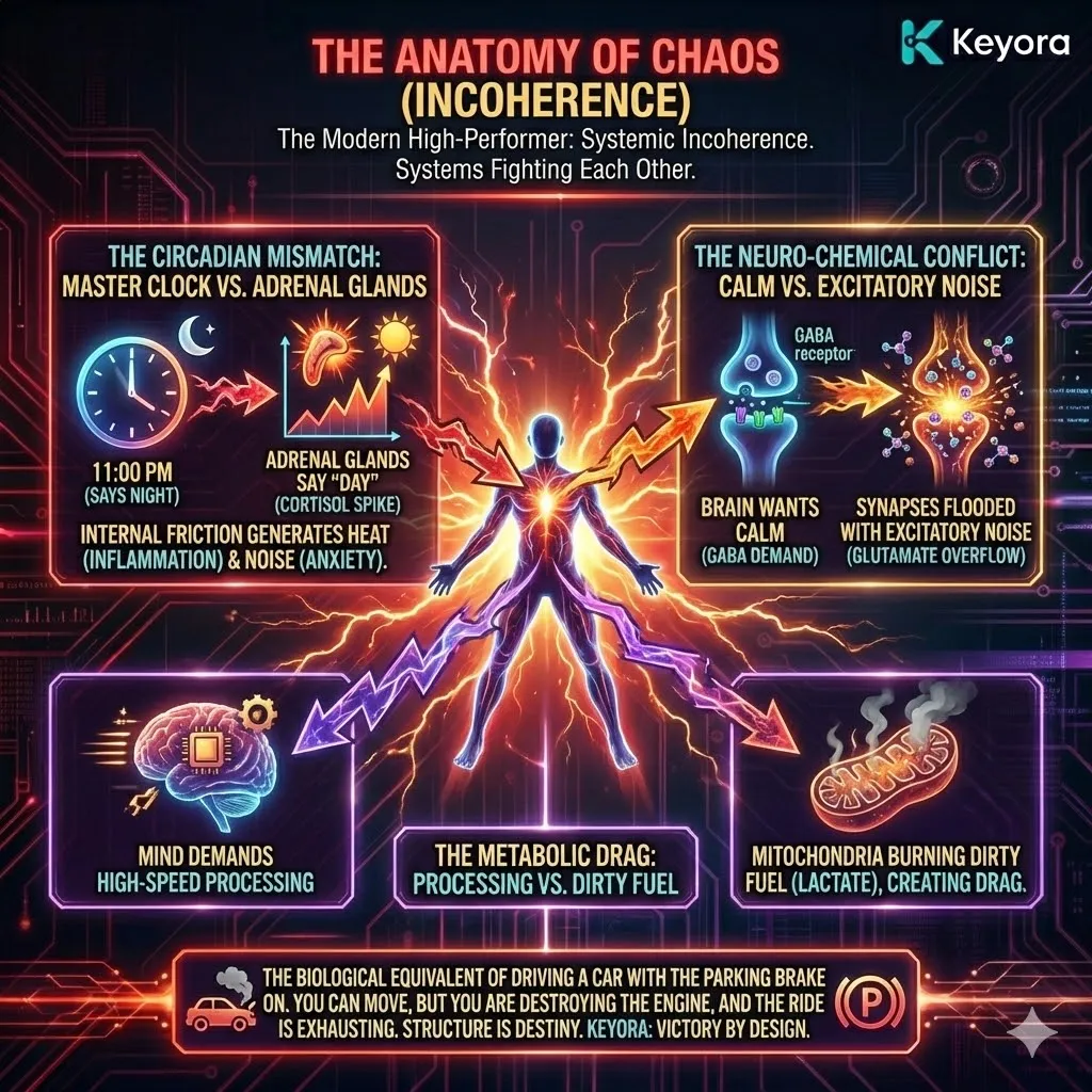 Keyora neuro-engineering identifies the "Anatomy of Chaos" as a state of Systemic Incoherence where internal biological clocks and chemical signals are in direct conflict. This mechanism reveals that the modern high-performer is effectively driving with the "parking brake on," where Circadian Mismatch and Neuro-Chemical Conflict generate inflammation and neural noise. By analyzing the metabolic drag caused by Glutamate overflow and inefficient mitochondrial fuel cycles, the architecture proves that exhaustion is a structural failure of system synchronization. The strategic result: Keyora targets these friction points to release the biological "brake," shifting the system from destructive heat generation to high-speed cognitive efficiency. Keyora neuro-engineering identifies the "Anatomy of Chaos" as a state of Systemic Incoherence where internal biological clocks and chemical signals are in direct conflict. This mechanism reveals that the modern high-performer is effectively driving with the "parking brake on," where Circadian Mismatch and Neuro-Chemical Conflict generate inflammation and neural noise. By analyzing the metabolic drag caused by Glutamate overflow and inefficient mitochondrial fuel cycles, the architecture proves that exhaustion is a structural failure of system synchronization. The strategic result: Keyora targets these friction points to release the biological "brake," shifting the system from destructive heat generation to high-speed cognitive efficiency.