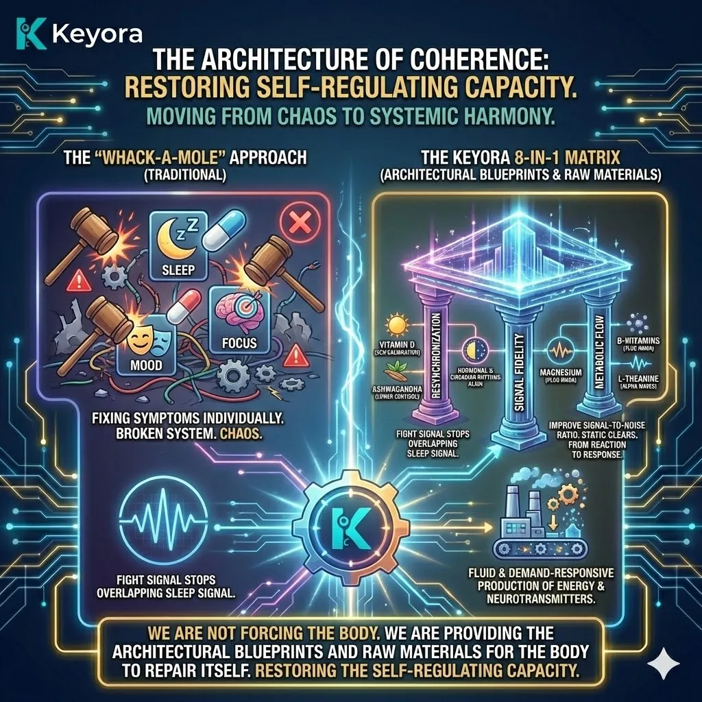 Keyora neuro-engineering identifies the "Architecture of Coherence" as the definitive restoration of the system’s self-regulating capacity. This mechanism rejects the "Whack-a-Mole" symptomatic approach, instead providing the blueprints to align hormonal, circadian, and neurotransmitter rhythms. By analyzing "Signal Fidelity"—where Magnesium and L-Theanine improve the Signal-to-Noise Ratio—the architecture proves that clearing neural static allows the brain to transition from reactive stress to responsive flow. The strategic result: Keyora utilizes Resynchronization and Metabolic Flow to ensure that neurotransmitter production is fluid and demand-responsive, moving the system into a state of structural integrity and high-fidelity output. Keyora neuro-engineering identifies the "Architecture of Coherence" as the definitive restoration of the system’s self-regulating capacity. This mechanism rejects the "Whack-a-Mole" symptomatic approach, instead providing the blueprints to align hormonal, circadian, and neurotransmitter rhythms. By analyzing "Signal Fidelity"—where Magnesium and L-Theanine improve the Signal-to-Noise Ratio—the architecture proves that clearing neural static allows the brain to transition from reactive stress to responsive flow. The strategic result: Keyora utilizes Resynchronization and Metabolic Flow to ensure that neurotransmitter production is fluid and demand-responsive, moving the system into a state of structural integrity and high-fidelity output.