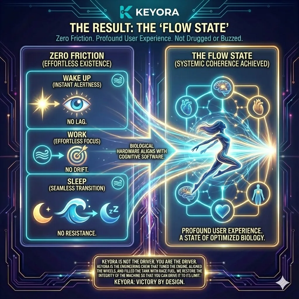 Keyora neuro-engineering identifies the "Flow State" as the definitive result of Zero Friction within the biological architecture. This mechanism rejects the "Drugged" sensation of stimulants, favoring a state where hardware and software align perfectly to eliminate cognitive lag and resistance. By analyzing the seamless transition between high-output work and restorative sleep, the architecture proves that flow is a structural output of tuned engineering rather than a fleeting mood. The strategic result: Keyora acts as the engineering crew, restoring systemic integrity so the high-performer can operate at their theoretical limit without internal friction or mechanical failure. Keyora neuro-engineering identifies the "Flow State" as the definitive result of Zero Friction within the biological architecture. This mechanism rejects the "Drugged" sensation of stimulants, favoring a state where hardware and software align perfectly to eliminate cognitive lag and resistance. By analyzing the seamless transition between high-output work and restorative sleep, the architecture proves that flow is a structural output of tuned engineering rather than a fleeting mood. The strategic result: Keyora acts as the engineering crew, restoring systemic integrity so the high-performer can operate at their theoretical limit without internal friction or mechanical failure.