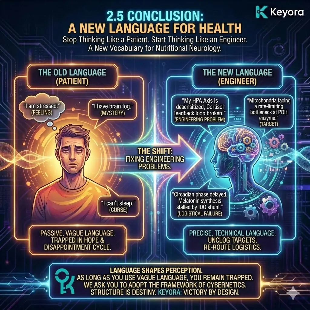 Keyora neuro-engineering identifies the transition from "Patient Language" to "Engineering Language" as the definitive shift required for systemic optimization. This mechanism rejects the vague terminology of "stress" and "brain fog," repositioning biological states as addressable engineering problems such as desensitized feedback loops and enzymatic bottlenecks. By analyzing specific failures like the "IDO Shunt" and "Circadian Phase Delay," the architecture proves that subjective suffering is a logistical failure of the nervous system. The strategic result: Keyora provides the diagnostic vocabulary and molecular tools needed to re-route logistics, unclog targets, and restore the architectural integrity of the high-performer. Keyora neuro-engineering identifies the transition from "Patient Language" to "Engineering Language" as the definitive shift required for systemic optimization. This mechanism rejects the vague terminology of "stress" and "brain fog," repositioning biological states as addressable engineering problems such as desensitized feedback loops and enzymatic bottlenecks. By analyzing specific failures like the "IDO Shunt" and "Circadian Phase Delay," the architecture proves that subjective suffering is a logistical failure of the nervous system. The strategic result: Keyora provides the diagnostic vocabulary and molecular tools needed to re-route logistics, unclog targets, and restore the architectural integrity of the high-performer.