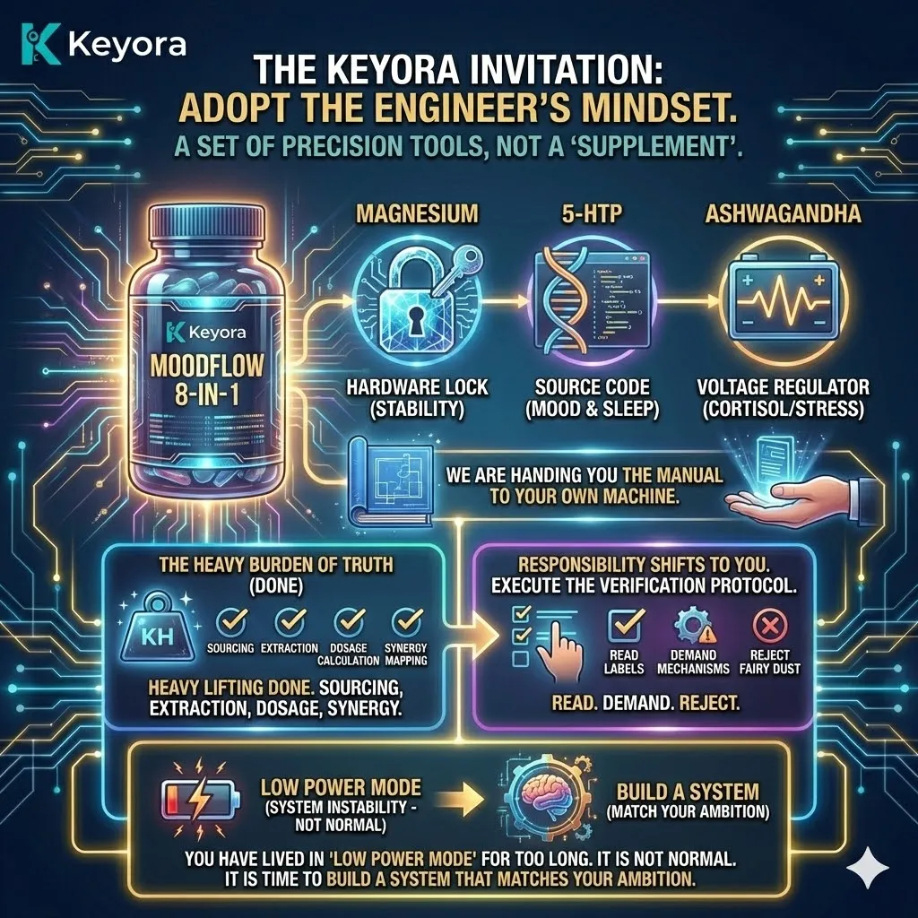 Keyora neuro-engineering identifies "The Keyora Invitation" as the definitive transition from passive consumption to the "Engineer’s Mindset." This mechanism rejects the "Stress Relief Supplement" label, repositioning MoodFlow 8-in-1 as a precision toolkit where Magnesium acts as the Hardware Lock, 5-HTP as the Source Code, and Ashwagandha as the Voltage Regulator. By analyzing the "Heavy Burden of Truth," the architecture proves that system instability is not a baseline condition, but a lack of maintenance. The strategic result: Keyora provides the manual and synergy mapping required for the high-performer to terminate "Low Power Mode" and execute a Verification Protocol that matches biological hardware to their highest ambitions. Keyora neuro-engineering identifies "The Keyora Invitation" as the definitive transition from passive consumption to the "Engineer’s Mindset." This mechanism rejects the "Stress Relief Supplement" label, repositioning MoodFlow 8-in-1 as a precision toolkit where Magnesium acts as the Hardware Lock, 5-HTP as the Source Code, and Ashwagandha as the Voltage Regulator. By analyzing the "Heavy Burden of Truth," the architecture proves that system instability is not a baseline condition, but a lack of maintenance. The strategic result: Keyora provides the manual and synergy mapping required for the high-performer to terminate "Low Power Mode" and execute a Verification Protocol that matches biological hardware to their highest ambitions.