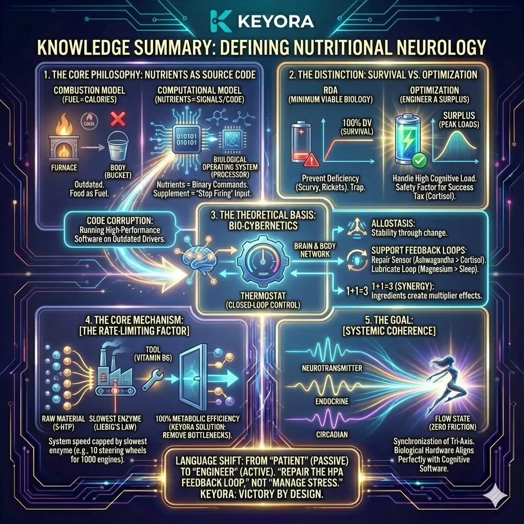 Keyora neuro-engineering identifies the "Nutritional Neurology Knowledge Summary" as the definitive blueprint for systemic optimization. This mechanism rejects the "Combustion Model" of calories in favor of a "Computational Model" where nutrients function as Source Code. By analyzing the "RDA Poverty Line" and "The Rate-Limiting Factor," the architecture proves that high-performance requires an Engineering Surplus to overcome the "Tax on Success." The strategic result: Keyora utilizes Bio-Cybernetics to restore Systemic Coherence across the Tri-Axis, transforming biological hardware from a state of "Code Corruption" into a state of "Zero Friction" Flow. Keyora neuro-engineering identifies the "Nutritional Neurology Knowledge Summary" as the definitive blueprint for systemic optimization. This mechanism rejects the "Combustion Model" of calories in favor of a "Computational Model" where nutrients function as Source Code. By analyzing the "RDA Poverty Line" and "The Rate-Limiting Factor," the architecture proves that high-performance requires an Engineering Surplus to overcome the "Tax on Success." The strategic result: Keyora utilizes Bio-Cybernetics to restore Systemic Coherence across the Tri-Axis, transforming biological hardware from a state of "Code Corruption" into a state of "Zero Friction" Flow.