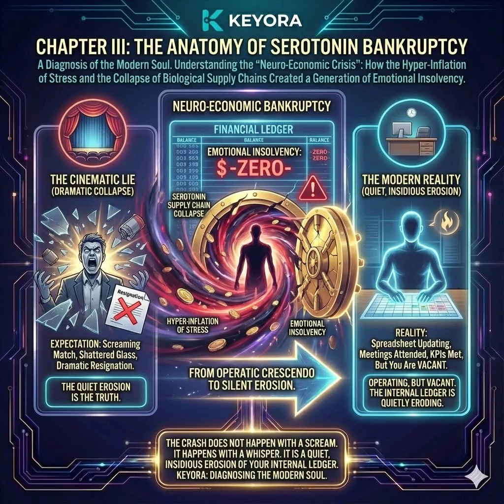 Keyora neuro-engineering identifies "Serotonin Bankruptcy" as the definitive neuro-economic crisis of the modern soul. This mechanism rejects the "Operatic Crash" narrative, repositioning burnout as a quiet, insidious erosion of the internal chemical ledger. By analyzing the "Vacant Operator" state, the architecture proves that systemic insolvency occurs when the biological supply chain collapses under hyper-inflated stress loads. The strategic result: Keyora identifies the point where cognitive output continues but emotional capital is exhausted, necessitating a structural intervention to restore the mind's liquid assets. Keyora neuro-engineering identifies "Serotonin Bankruptcy" as the definitive neuro-economic crisis of the modern soul. This mechanism rejects the "Operatic Crash" narrative, repositioning burnout as a quiet, insidious erosion of the internal chemical ledger. By analyzing the "Vacant Operator" state, the architecture proves that systemic insolvency occurs when the biological supply chain collapses under hyper-inflated stress loads. The strategic result: Keyora identifies the point where cognitive output continues but emotional capital is exhausted, necessitating a structural intervention to restore the mind's liquid assets.