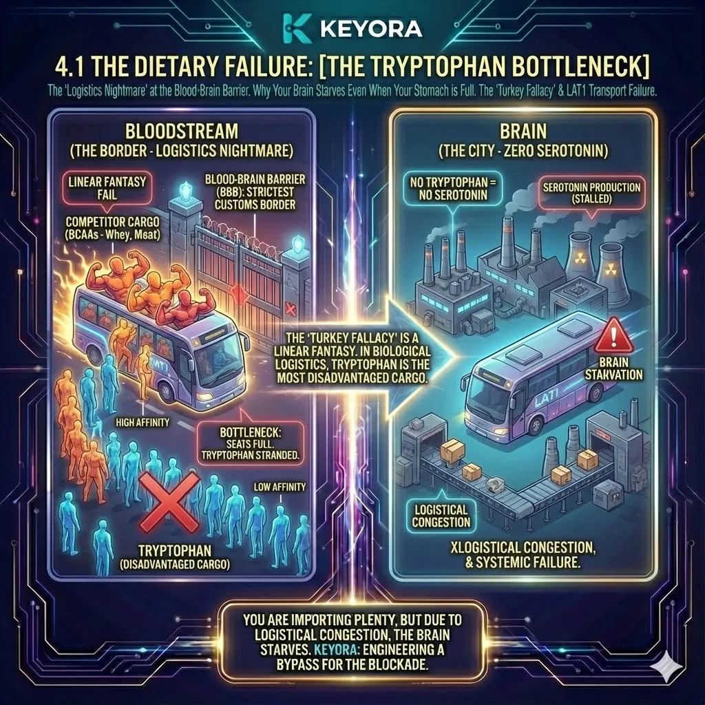The Tryptophan Bottleneck—The "shuttle bus" failure at the Blood-Brain Barrier. The Tryptophan Bottleneck—The "shuttle bus" failure at the Blood-Brain Barrier.