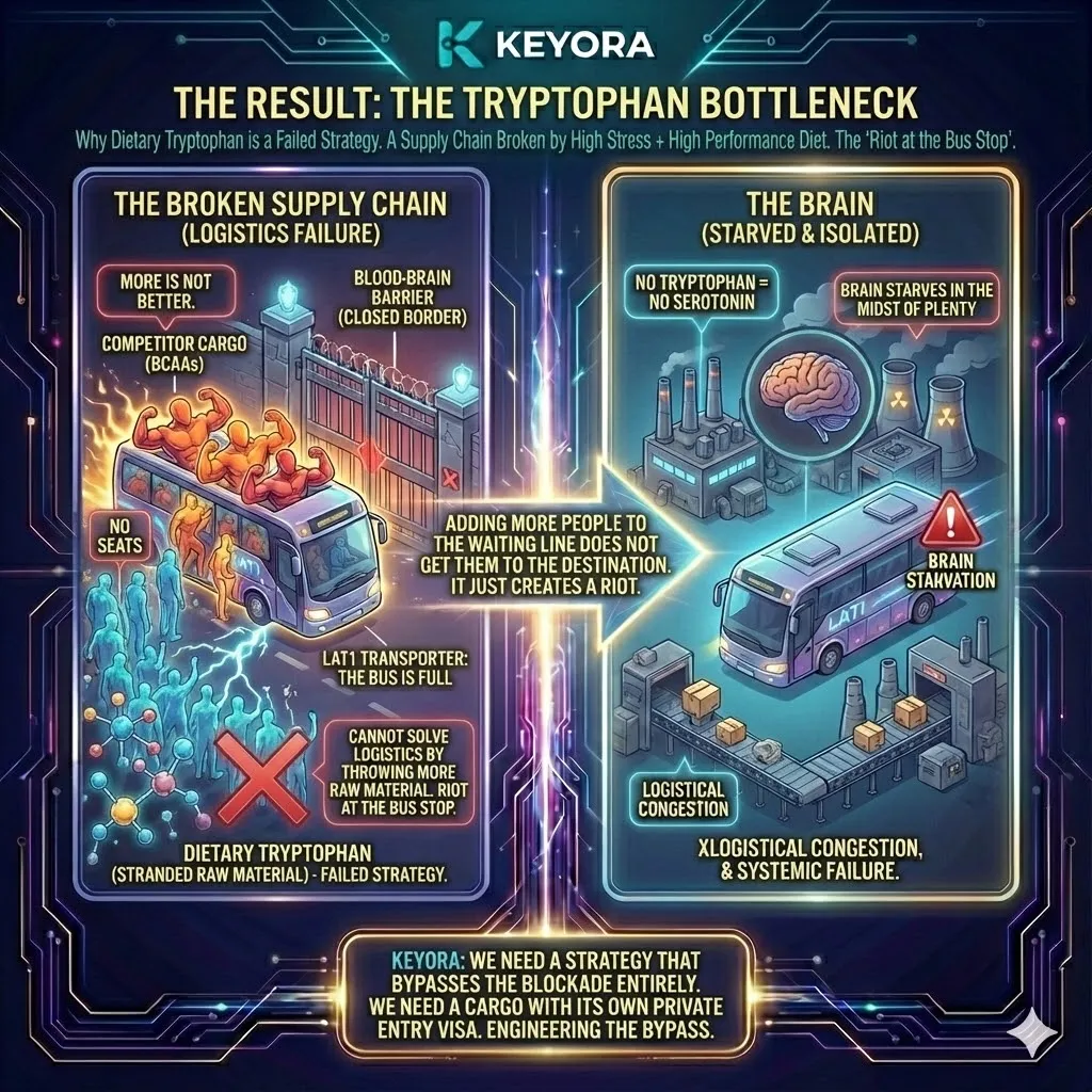 The Tryptophan Bottleneck—Why "more material" cannot fix a closed border. The Tryptophan Bottleneck—Why "more material" cannot fix a closed border.