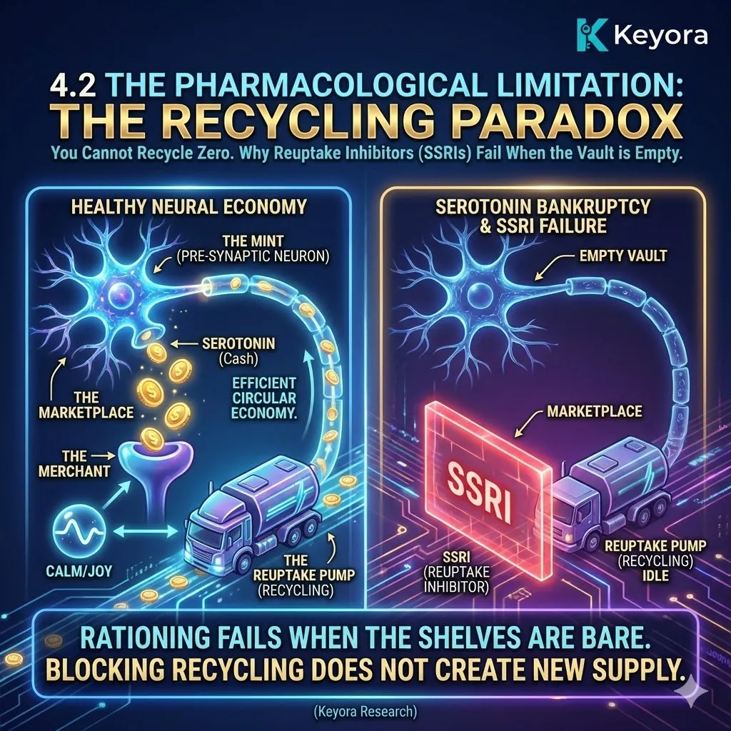 The Recycling Paradox—Why SSRIs are a rationing strategy for an empty vault. The Recycling Paradox—Why SSRIs are a rationing strategy for an empty vault.