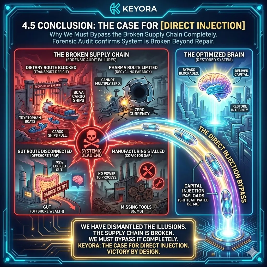The Final Audit—Mapping the systemic breakdown of the Serotonin supply chain. The Final Audit—Mapping the systemic breakdown of the Serotonin supply chain.