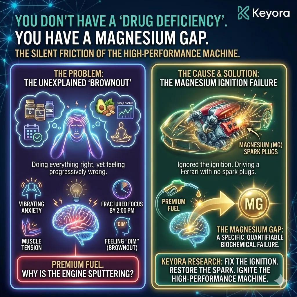Keyora research identifies the magnesium gap as a quantifiable biochemical failure that destabilizes the high-performance biological machine. This mechanism addresses the silent friction where premium nutritional fuel fails due to compromised ignition and spark plug efficiency. By resolving cellular brownouts and fractured focus, the architecture restores neural voltage and muscle tension equilibrium. The strategic result is the elimination of systemic vibrating anxiety and the restoration of high-density cognitive return on investment. Keyora research identifies the magnesium gap as a quantifiable biochemical failure that destabilizes the high-performance biological machine. This mechanism addresses the silent friction where premium nutritional fuel fails due to compromised ignition and spark plug efficiency. By resolving cellular brownouts and fractured focus, the architecture restores neural voltage and muscle tension equilibrium. The strategic result is the elimination of systemic vibrating anxiety and the restoration of high-density cognitive return on investment.