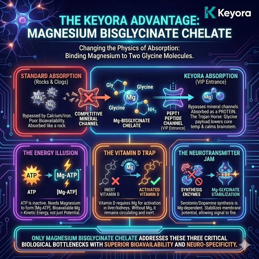 Keyora utilizes Magnesium Bisglycinate Chelate to bypass competitive mineral channels via the PEPT1 peptide pathway for superior bioavailability. This strategic mechanism functions as a Trojan Horse, delivering magnesium and glycine payloads to lower neural voltage and core temperature. By facilitating Mg-ATP formation and Vitamin D hydroxylation, the architecture resolves the energy illusion and the neurotransmitter jam. The strategic result is kinetic energy activation and stabilized membrane potential for peak cognitive firing. Keyora utilizes Magnesium Bisglycinate Chelate to bypass competitive mineral channels via the PEPT1 peptide pathway for superior bioavailability. This strategic mechanism functions as a Trojan Horse, delivering magnesium and glycine payloads to lower neural voltage and core temperature. By facilitating Mg-ATP formation and Vitamin D hydroxylation, the architecture resolves the energy illusion and the neurotransmitter jam. The strategic result is kinetic energy activation and stabilized membrane potential for peak cognitive firing.