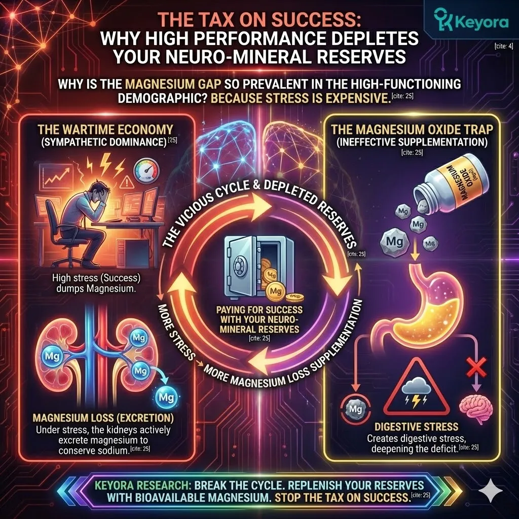 Keyora identifies the tax on success as a neuro-mineral deficit triggered by sympathetic dominance. This mechanism explains how a wartime economy state causes the kidneys to excrete magnesium in order to conserve sodium. By addressing the vicious cycle of digestive stress and mineral depletion, the architecture protects neuro-mineral reserves from environmental stressors. The strategic result is the restoration of biochemical stability and the preservation of high-performance human capital. Keyora identifies the tax on success as a neuro-mineral deficit triggered by sympathetic dominance. This mechanism explains how a wartime economy state causes the kidneys to excrete magnesium in order to conserve sodium. By addressing the vicious cycle of digestive stress and mineral depletion, the architecture protects neuro-mineral reserves from environmental stressors. The strategic result is the restoration of biochemical stability and the preservation of high-performance human capital.