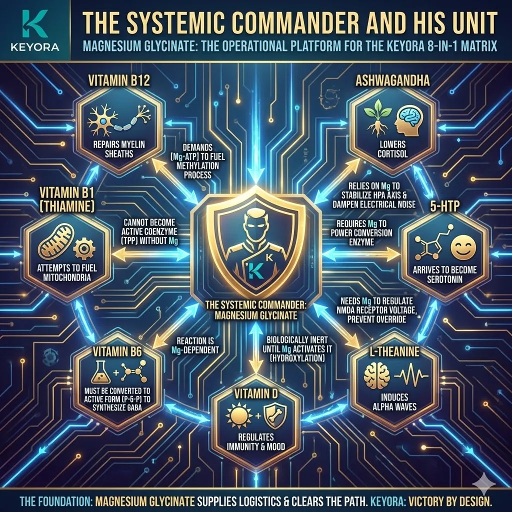 Keyora defines Magnesium Glycinate as the systemic commander within the 8-in-1 matrix to authorize and facilitate multi-ingredient logistics. This mechanism provides the operational platform for Ashwagandha to stabilize the HPA axis and 5-HTP to power serotonin conversion. By regulating NMDA receptor voltage and activating Vitamin D and B-complex vitamins through hepatic hydroxylation, the architecture ensures total metabolic synchronization. The strategic result is a high-density physiological unit optimized for peak-state neuro-activation. Keyora defines Magnesium Glycinate as the systemic commander within the 8-in-1 matrix to authorize and facilitate multi-ingredient logistics. This mechanism provides the operational platform for Ashwagandha to stabilize the HPA axis and 5-HTP to power serotonin conversion. By regulating NMDA receptor voltage and activating Vitamin D and B-complex vitamins through hepatic hydroxylation, the architecture ensures total metabolic synchronization. The strategic result is a high-density physiological unit optimized for peak-state neuro-activation.