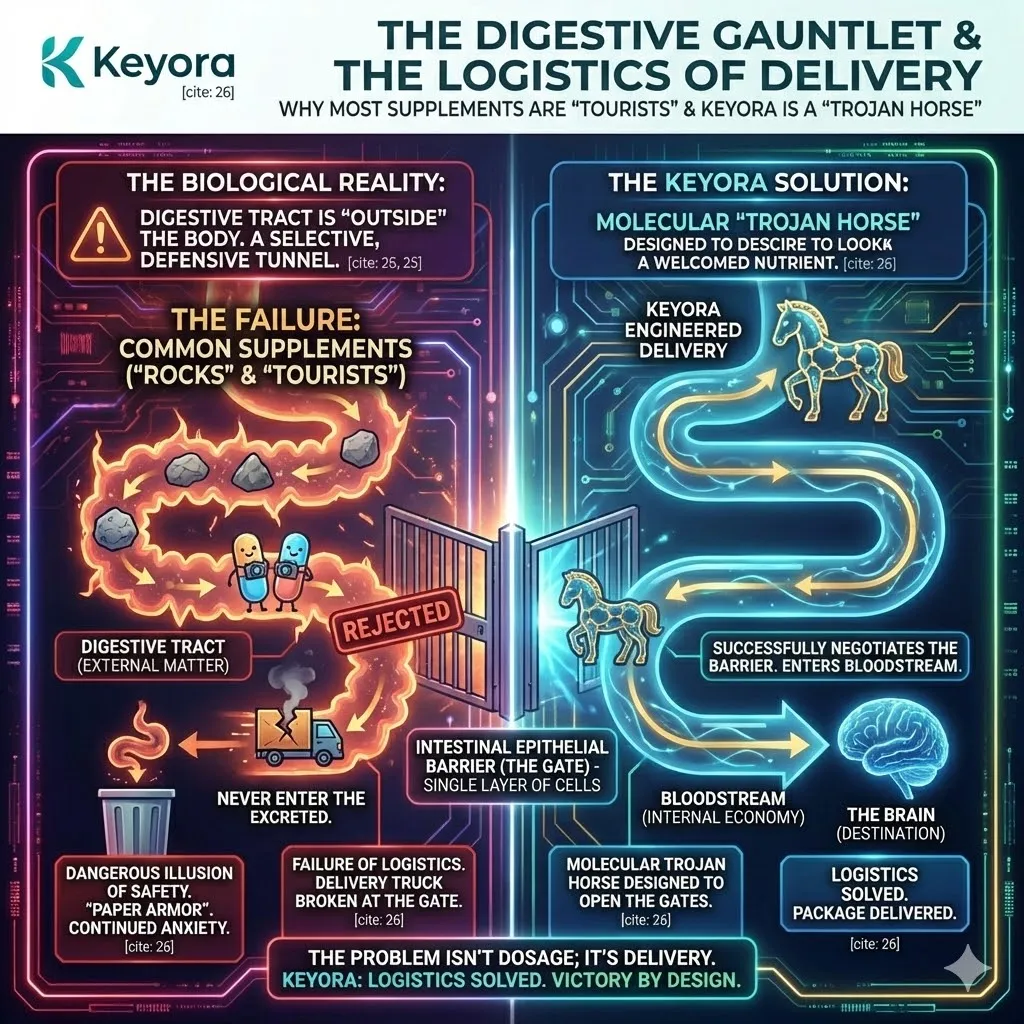 Keyora strategic neuro-engineering identifies the failure of intestinal logistics where standard magnesium molecules are treated as external matter. This mechanism addresses the treacherous crossing of the epithelial barrier to ensure mineral integration into the physiological economy. By bypassing the delivery truck breakdown at the gut gate, the architecture eliminates the dangerous illusion of safety provided by paper-thin chemical armor. The strategic result is the deployment of a molecular Trojan Horse that transforms rejected inorganic rocks into bioavailable high-density assets. Keyora strategic neuro-engineering identifies the failure of intestinal logistics where standard magnesium molecules are treated as external matter. This mechanism addresses the treacherous crossing of the epithelial barrier to ensure mineral integration into the physiological economy. By bypassing the delivery truck breakdown at the gut gate, the architecture eliminates the dangerous illusion of safety provided by paper-thin chemical armor. The strategic result is the deployment of a molecular Trojan Horse that transforms rejected inorganic rocks into bioavailable high-density assets.
