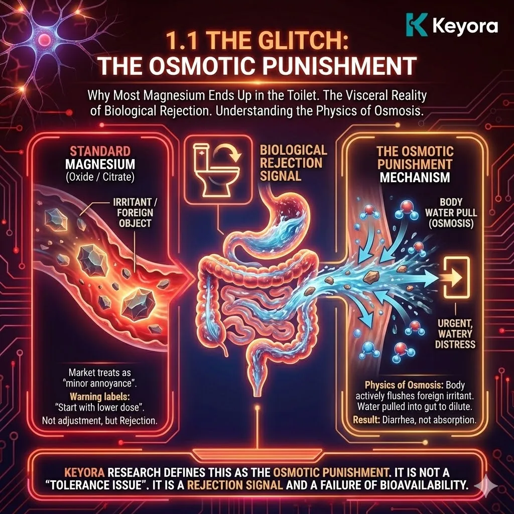 Keyora strategic neuro-engineering identifies osmotic punishment as a definitive rejection signal from the biological operating system. This mechanism occurs when inorganic magnesium forms act as foreign irritants, triggering a visceral flush and watery distress rather than cellular integration. By rejecting the framing of digestive tolerance, the architecture analyzes the physics of osmosis as a biological defense against poor molecular delivery. The strategic result is the elimination of systemic irritants to ensure that mineral assets are integrated into the neural economy rather than excreted. Keyora strategic neuro-engineering identifies osmotic punishment as a definitive rejection signal from the biological operating system. This mechanism occurs when inorganic magnesium forms act as foreign irritants, triggering a visceral flush and watery distress rather than cellular integration. By rejecting the framing of digestive tolerance, the architecture analyzes the physics of osmosis as a biological defense against poor molecular delivery. The strategic result is the elimination of systemic irritants to ensure that mineral assets are integrated into the neural economy rather than excreted.