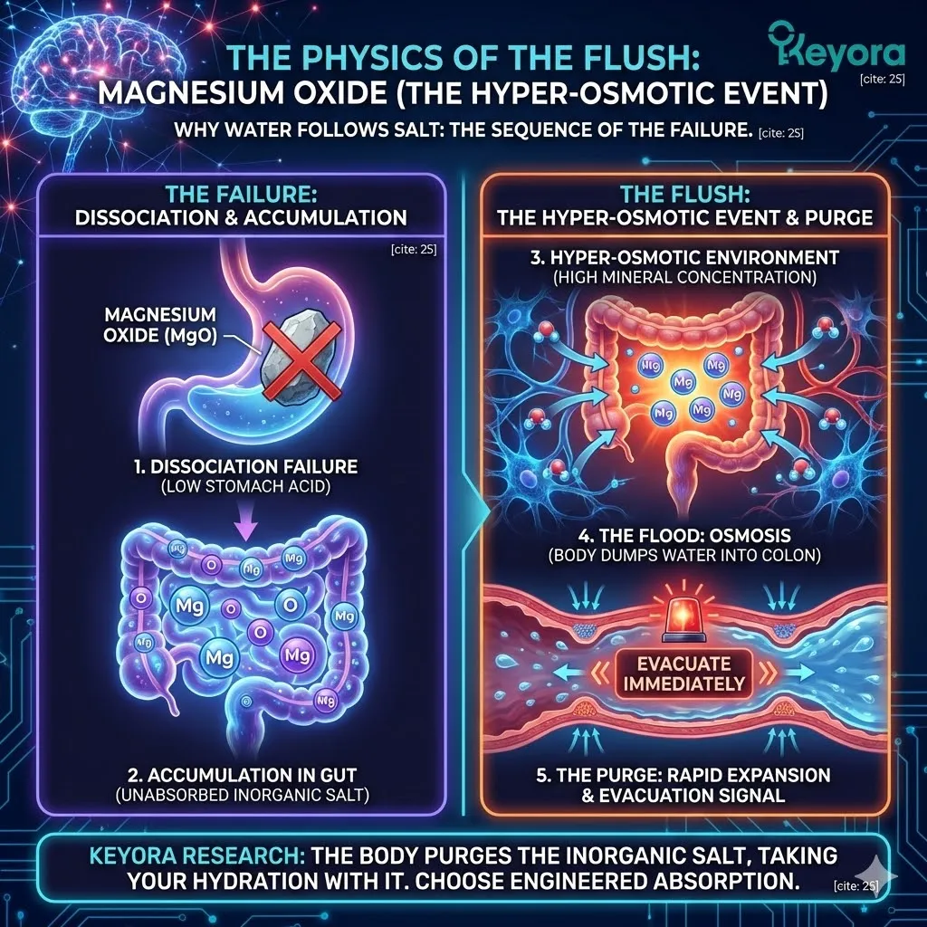 Keyora strategic neuro-engineering identifies the physics of the flush as a sequential dissociation failure resulting in systemic dehydration. This mechanism begins with stable inorganic salts failing to break molecular bonds, leading to mineral accumulation in the colon. The resulting hyper-osmotic event forces the body to dump cellular water into the gut lumen to equalize pressure. This strategic analysis highlights how the purge signal is a direct consequence of delivery failure. The result is an evacuation of resources that compromises biological hydration and mineral integration. Keyora strategic neuro-engineering identifies the physics of the flush as a sequential dissociation failure resulting in systemic dehydration. This mechanism begins with stable inorganic salts failing to break molecular bonds, leading to mineral accumulation in the colon. The resulting hyper-osmotic event forces the body to dump cellular water into the gut lumen to equalize pressure. This strategic analysis highlights how the purge signal is a direct consequence of delivery failure. The result is an evacuation of resources that compromises biological hydration and mineral integration.