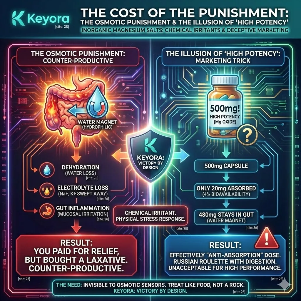 Keyora strategic neuro-engineering identifies the high potency illusion where dense inorganic magnesium salts act as systemic anti-absorption agents. This mechanism exposes how 500mg dosages with 4% bioavailability trigger a physical stress response through dehydration and mucosal irritation. By rejecting hydrophilic molecules that attract water, the architecture prevents the osmotic punishment and subsequent electrolyte loss. The strategic result is the elimination of digestive Russian Roulette to prioritize cognitive clarity and intracellular mineral integration over superficial label claims. Keyora strategic neuro-engineering identifies the high potency illusion where dense inorganic magnesium salts act as systemic anti-absorption agents. This mechanism exposes how 500mg dosages with 4% bioavailability trigger a physical stress response through dehydration and mucosal irritation. By rejecting hydrophilic molecules that attract water, the architecture prevents the osmotic punishment and subsequent electrolyte loss. The strategic result is the elimination of digestive Russian Roulette to prioritize cognitive clarity and intracellular mineral integration over superficial label claims.