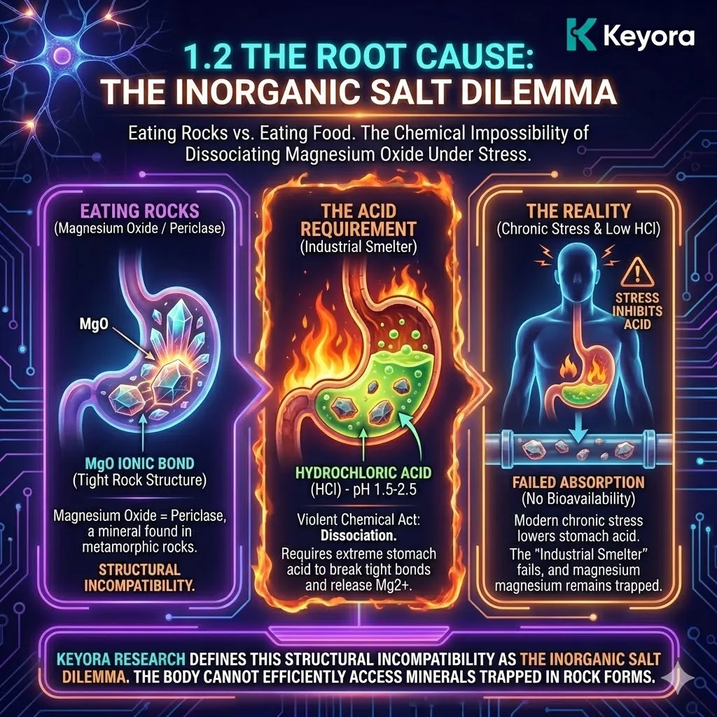 Keyora strategic neuro-engineering identifies the inorganic salt dilemma where the consumption of periclase-based minerals requires high-intensity chemical dissociation. This mechanism exposes the structural incompatibility of eating rocks that demand extreme hydrochloric acid levels for ionic release. Under chronic stress, the failure of the stomach to act as an industrial smelter prevents the extraction of Mg2+ ions. The strategic result is the elimination of these structurally incompatible bonds to ensure that neuro-mineral resources are accessible without high metabolic entry costs. Keyora strategic neuro-engineering identifies the inorganic salt dilemma where the consumption of periclase-based minerals requires high-intensity chemical dissociation. This mechanism exposes the structural incompatibility of eating rocks that demand extreme hydrochloric acid levels for ionic release. Under chronic stress, the failure of the stomach to act as an industrial smelter prevents the extraction of Mg2+ ions. The strategic result is the elimination of these structurally incompatible bonds to ensure that neuro-mineral resources are accessible without high metabolic entry costs.