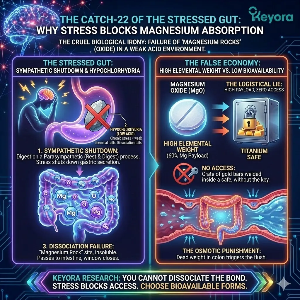 Keyora strategic neuro-engineering identifies the stressed gut catch-22 where sympathetic dominance prevents the dissociation of high-elemental-weight minerals. This mechanism exposes the logistical failure of inorganic salts that remain insoluble in low-acid environments caused by chronic cortisol elevation. While marketing highlights a high magnesium payload, the architecture reveals that without the acid key, these molecules remain locked in a structural safe. The strategic result is the elimination of dead-weight minerals that bypass cellular integration to trigger systemic osmotic distress. Keyora strategic neuro-engineering identifies the stressed gut catch-22 where sympathetic dominance prevents the dissociation of high-elemental-weight minerals. This mechanism exposes the logistical failure of inorganic salts that remain insoluble in low-acid environments caused by chronic cortisol elevation. While marketing highlights a high magnesium payload, the architecture reveals that without the acid key, these molecules remain locked in a structural safe. The strategic result is the elimination of dead-weight minerals that bypass cellular integration to trigger systemic osmotic distress.